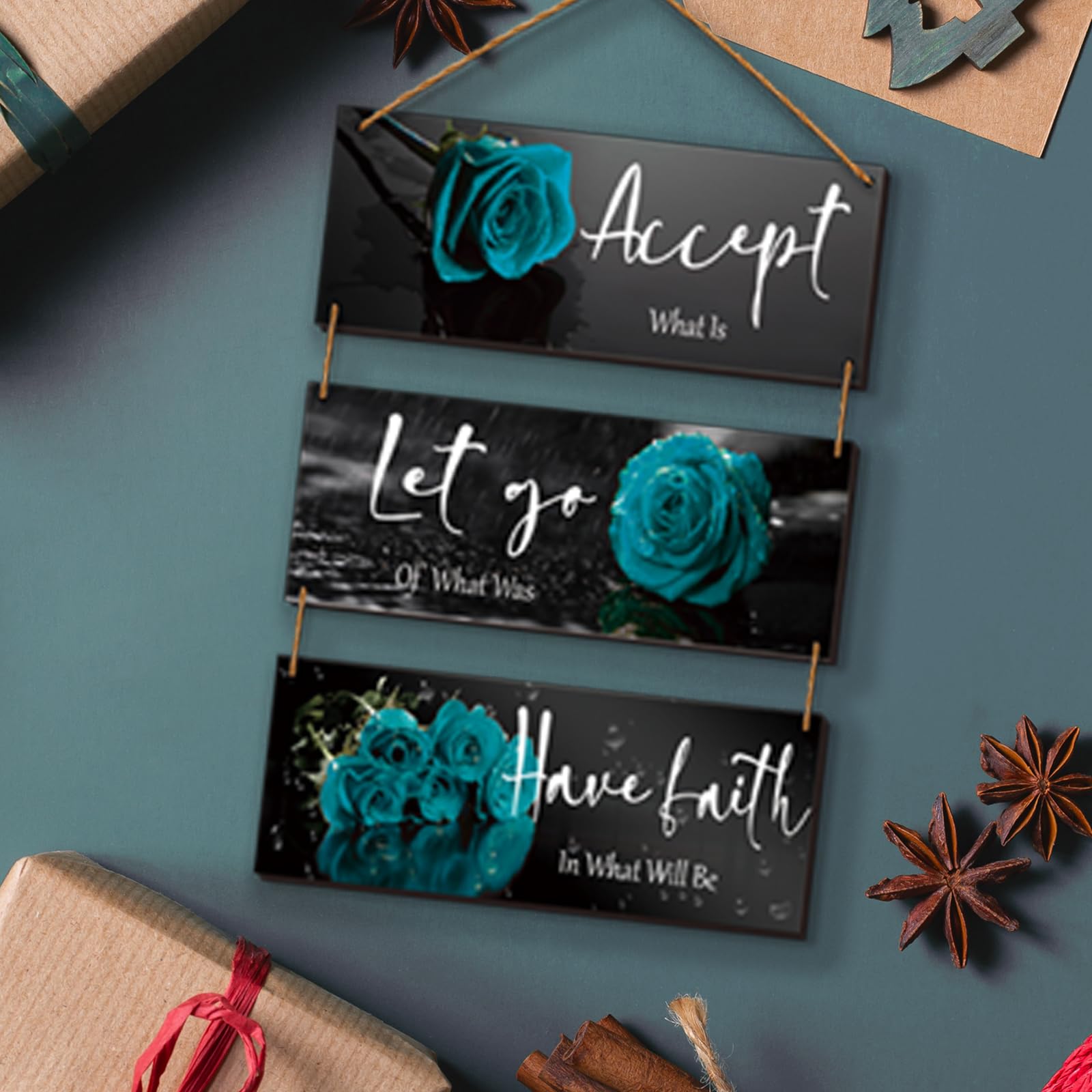 3 Pcs Wooden Teal Flower Wall Art - Teal Rose Wall Decor With Inspirational Quotes - For Women, Office, Living Room, Bedroom (10