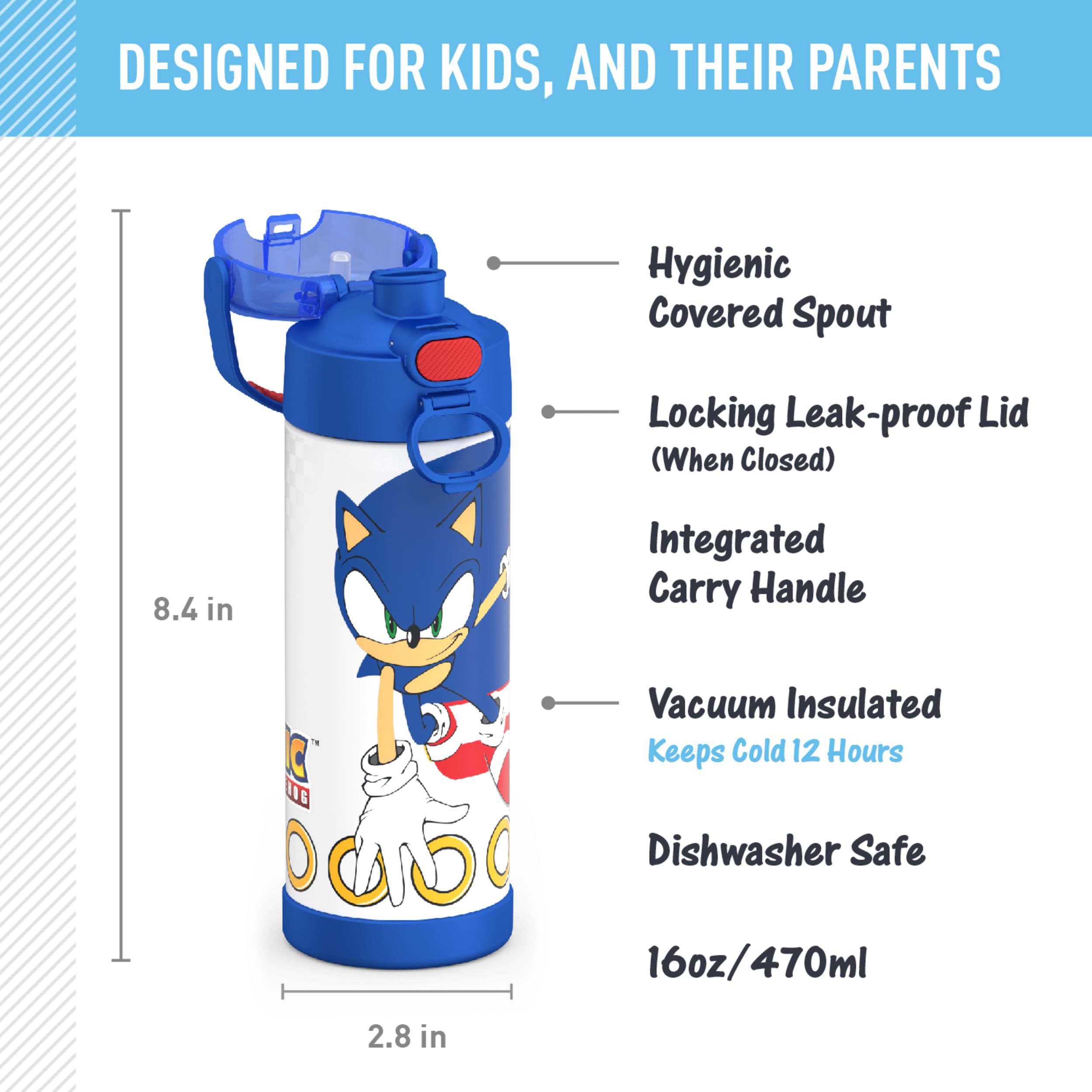 Thermos Funtainer 16 Ounce Stainless Steel Vacuum Insulated Bottle With Wide Spout Lid, Sonic