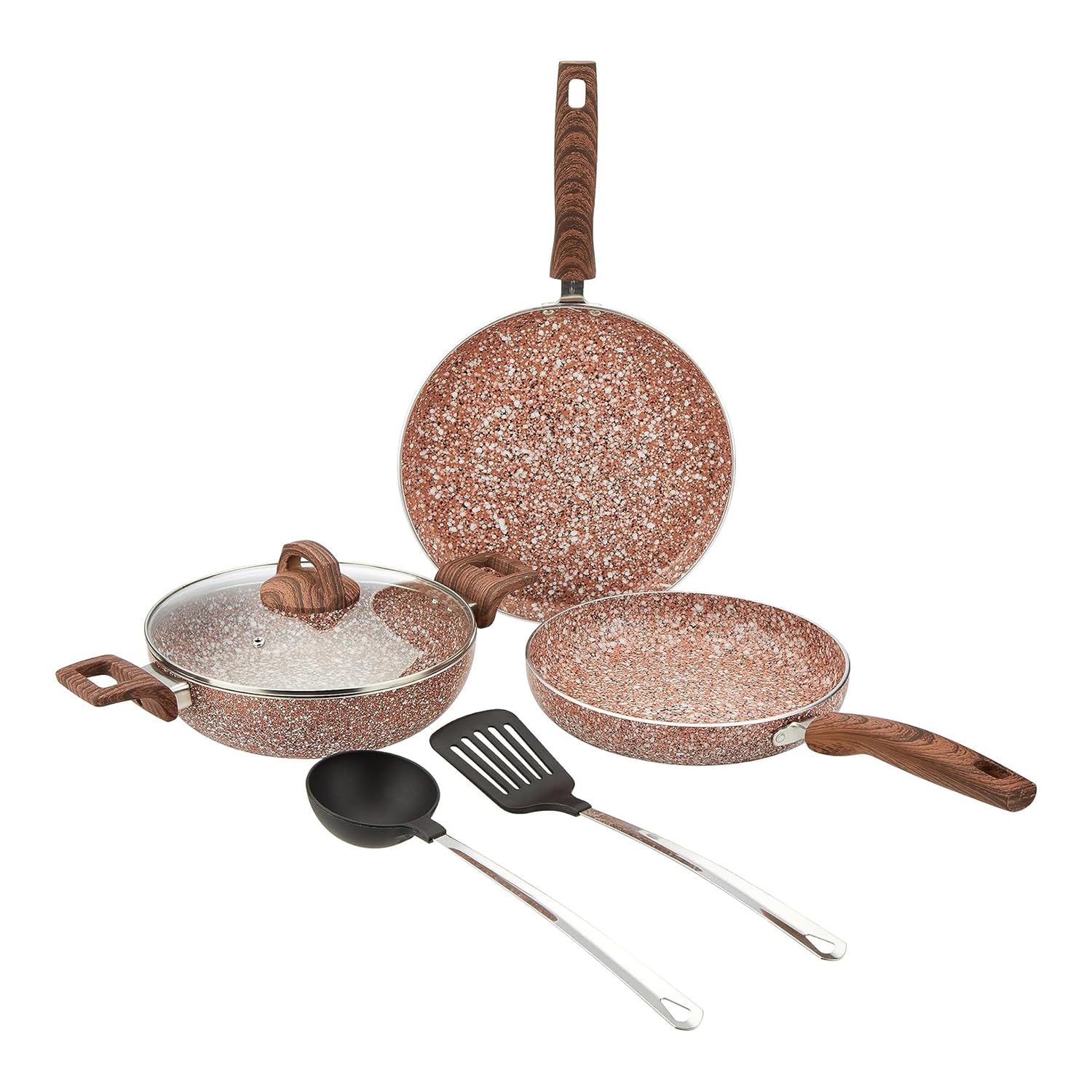 Amazon Basics Granite Finish Non Stick 5 Pcs Induction Base Cookware Set- Rust Granito (24Cm Fry Pan, 24 Cm Kadai, 28Cm Tawa And