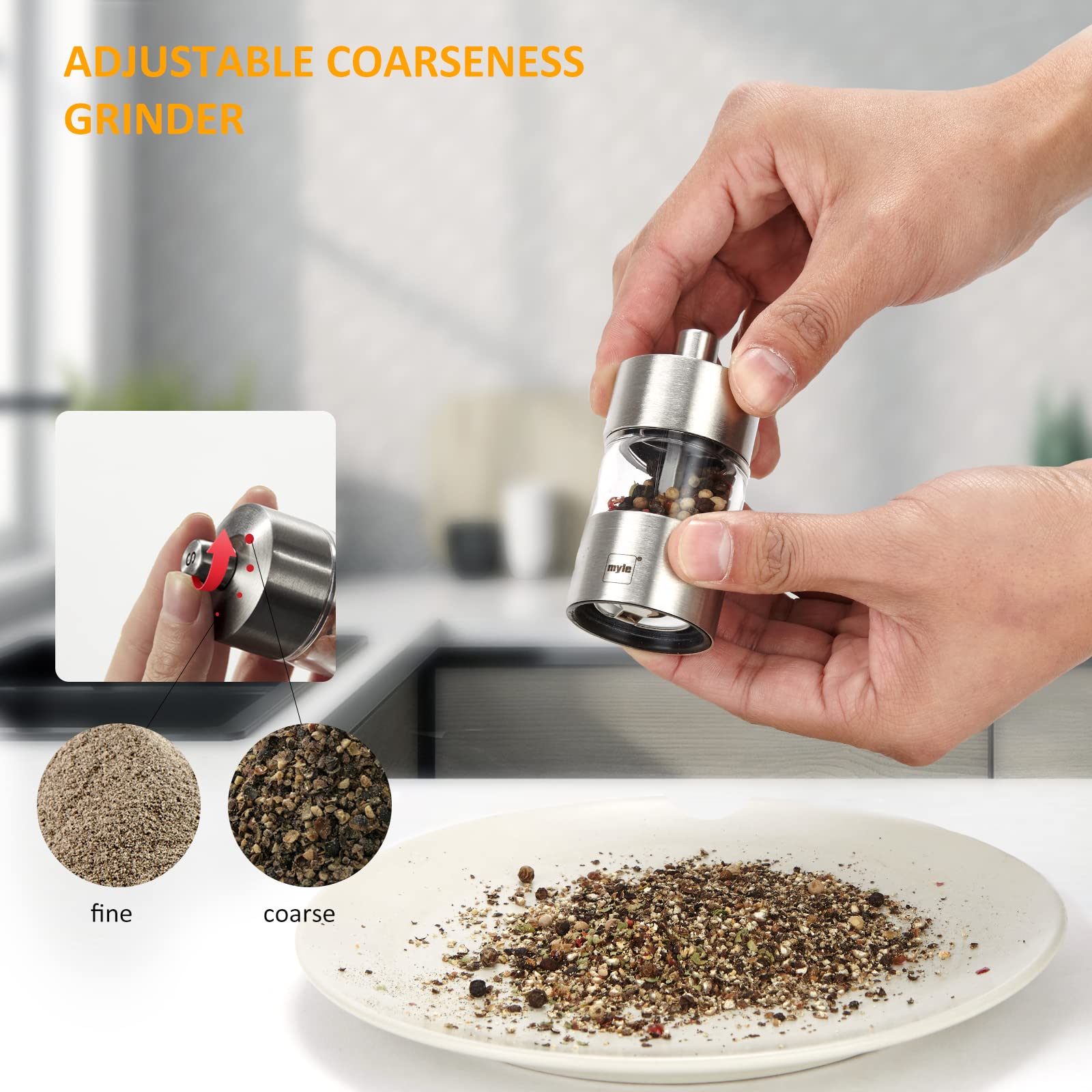 Myle Salt And Pepper Grinder Set Small Refillable Stainless Steel Pepper Grinder Mini Adjustable Ceramic Grinder Manual Salt Gri