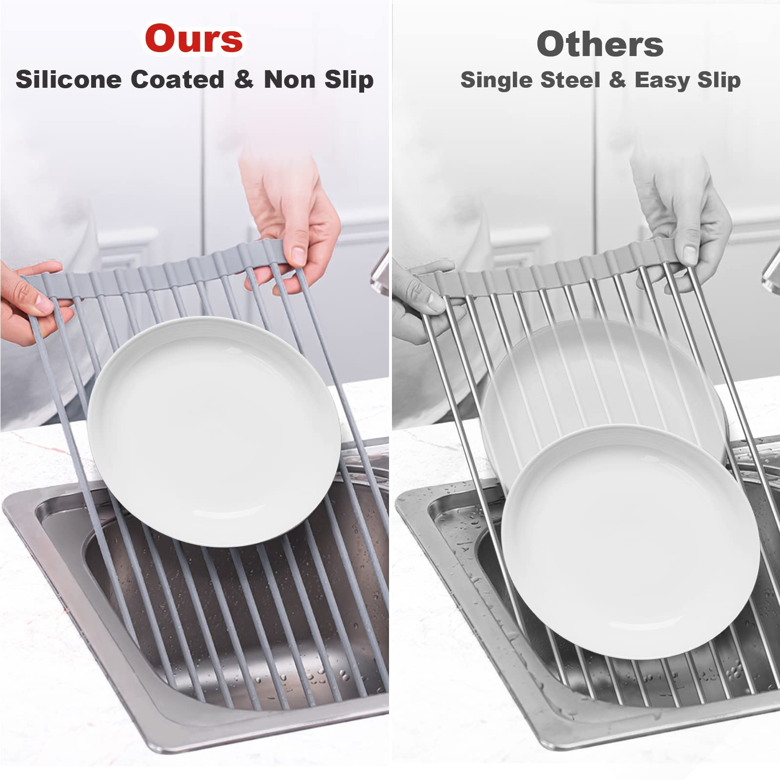 Merrybox Roll Up Dish Drying Rack, Over The Sink Dish Rack Foldable, Heat-Resistant, Anti-Slip Silicone Coated Dish Drainer For