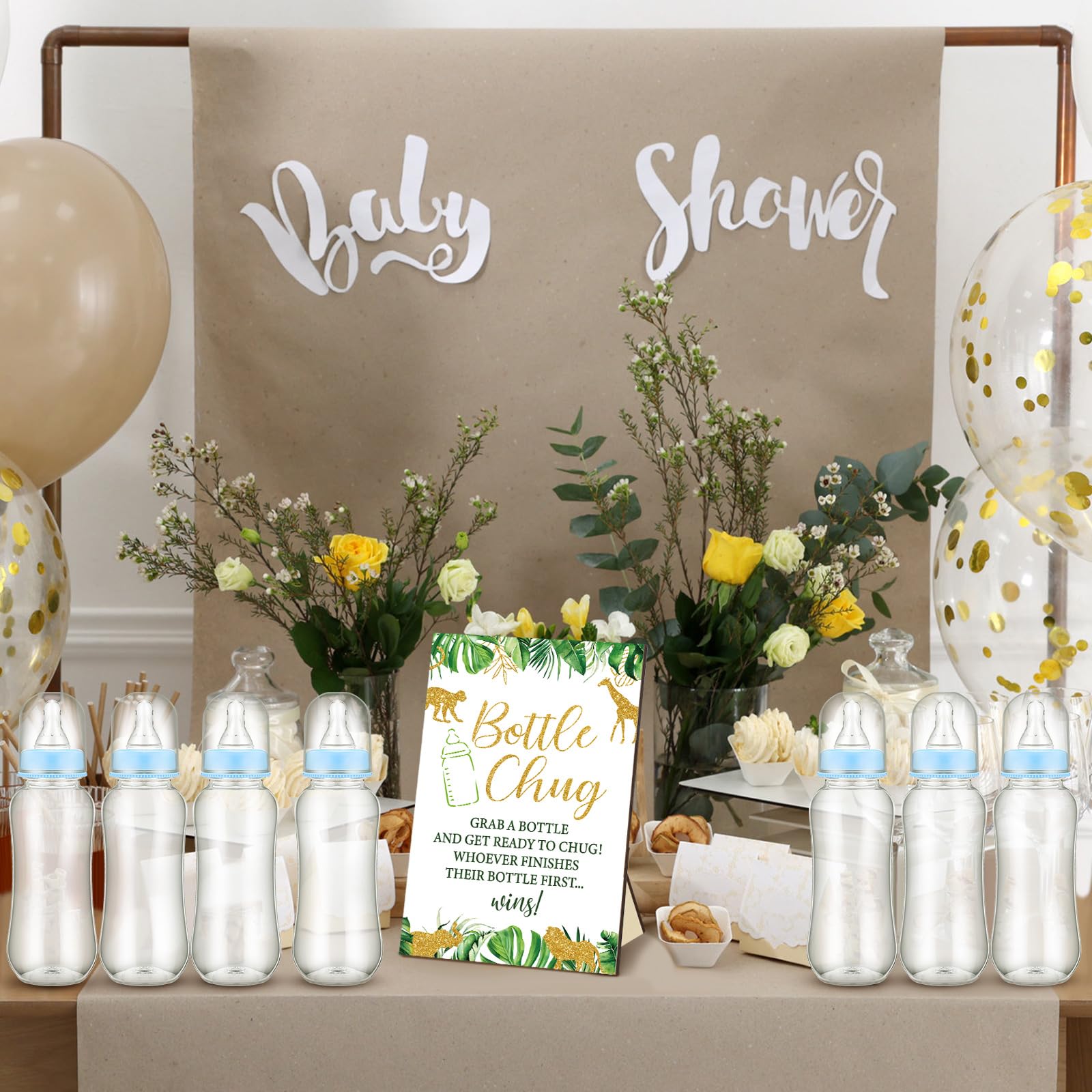 Safari Cool Baby Shower Games Bottle Chug Sign Wooden Jungle Animals Theme Baby Gift Sets Gender Reveal Party Favors And 12 Pcs
