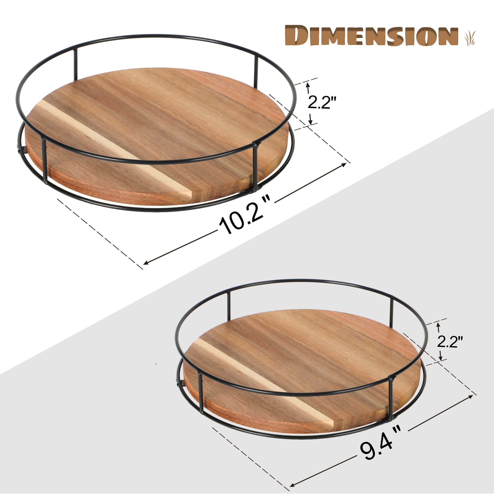 [ 2 Pack ] 9 '' & 10 '' Acacia Wood Lazy Susan Organizers With Steel Sides, Lazy Susan Turntable For Cabinet, Kitchen Turntable
