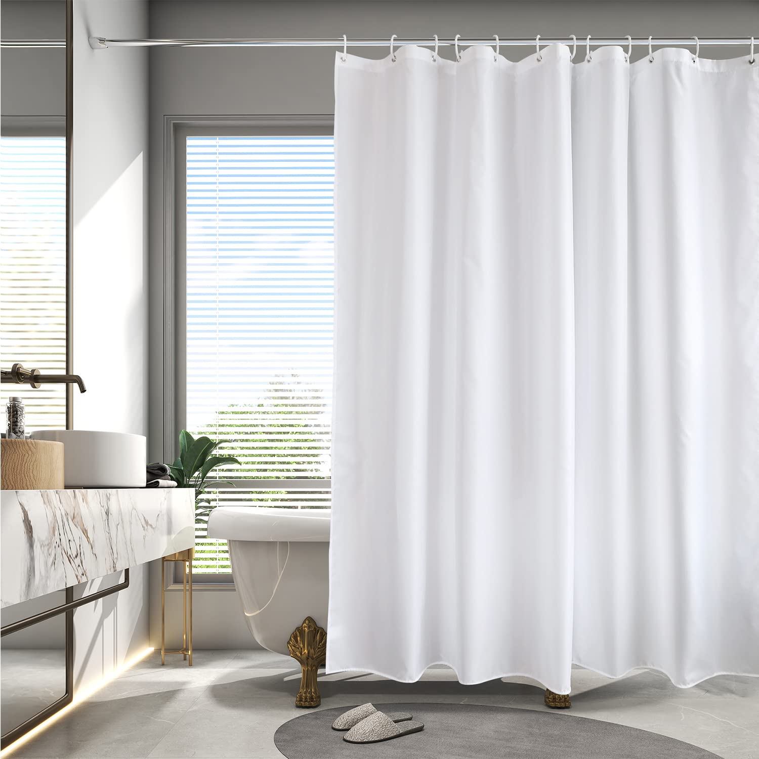 Aoohome Fabric 96 Inch Extra Long Shower Curtain Liner, Durable Bathroom Curtain For Hotel With Hooks, Waterproof, Solid White,