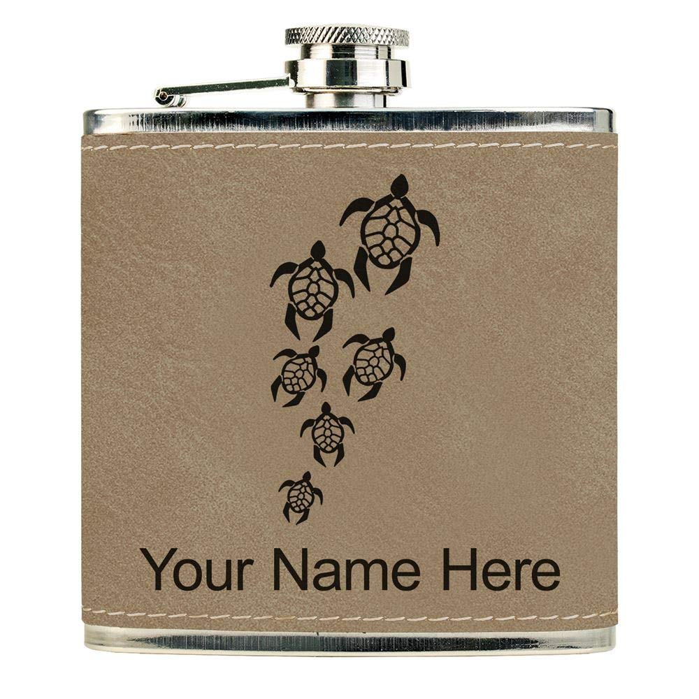 Faux Leather Flask, Sea Turtle Family, Personalized Engraving Included (Light Brown)