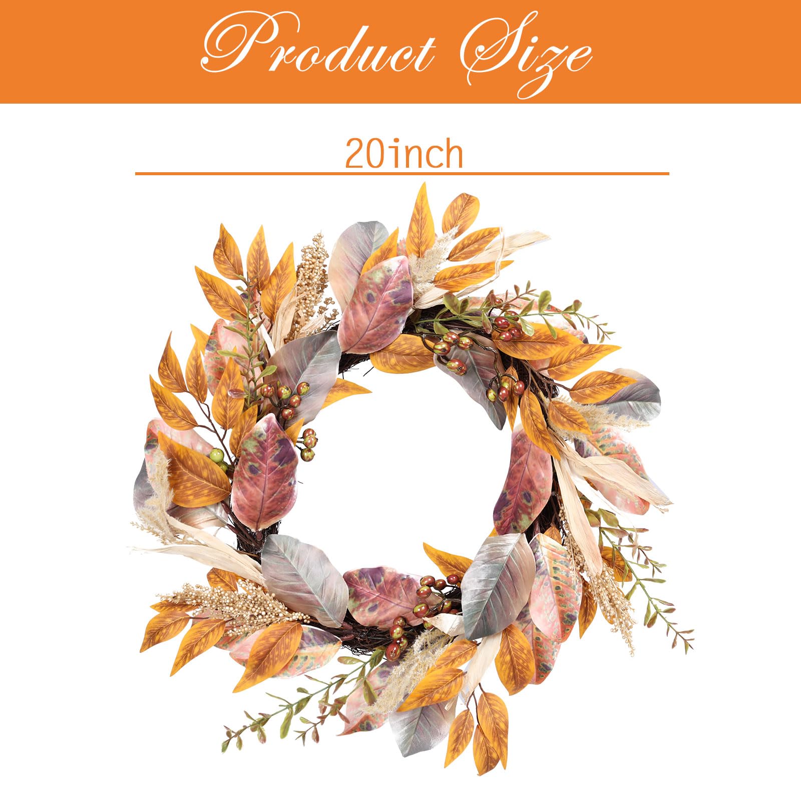 WONDER GARDEN 20 Inch Fall Wreath Autumn Harvest Front Door Wreath with Leaves, Berries for Indoor Outdoor Farmhouse Home Window