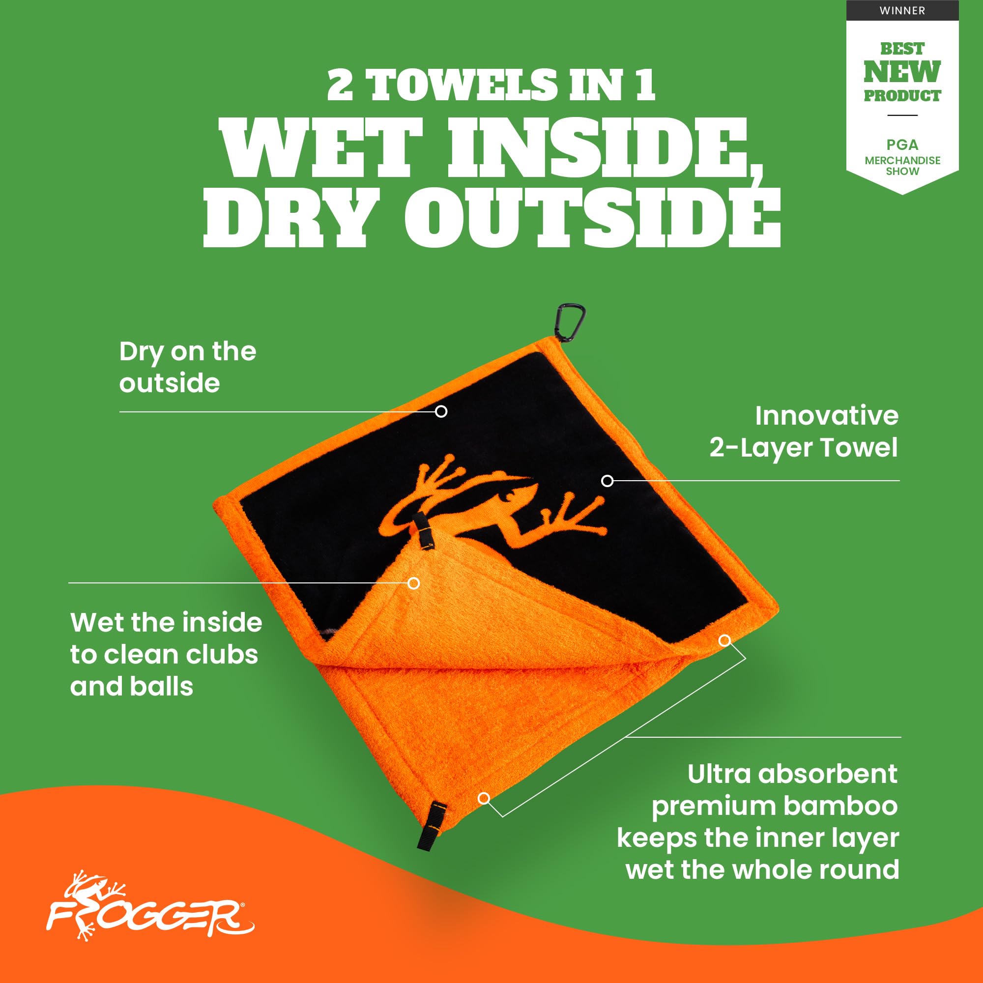 Frogger Amphibian 2-In-1 Golf Towel With Wet And Dry Technology, Black, Premium Golf Bag Accessory For Men And Women With Carabi