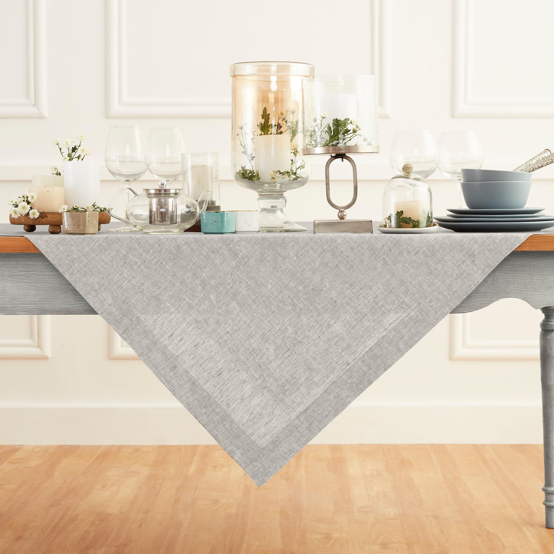 Solino Home Linen Tablecloth 52 X 52 Inch - 100% Pure Linen Oyster Grey Tablecloth - Machine Washable Square Table Throw For Fal