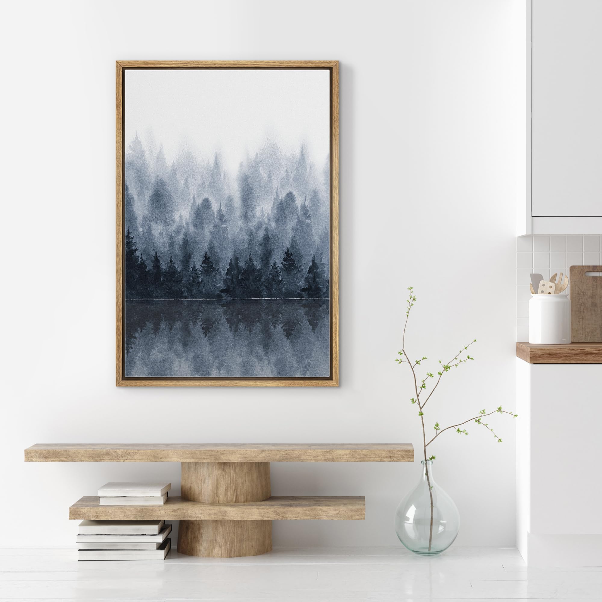 SIGNWIN Framed Canvas Print Wall Art Woodland Nursery Decor Blue Winter Mist Pastel Mountain Forest Nature Modern Art Landscape for Living Room  Bedroom  Office - 24''x36'' NATURAL