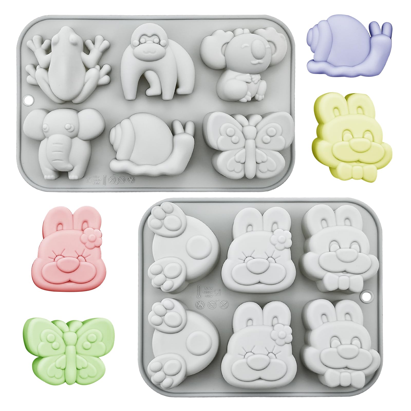 2 PACK Cute Animal Silicone Molds, 6Cavity 3D Elephant Butterfly Ladybug shape Cake Baking Molds, Elegant Chocolate Silicone Mo