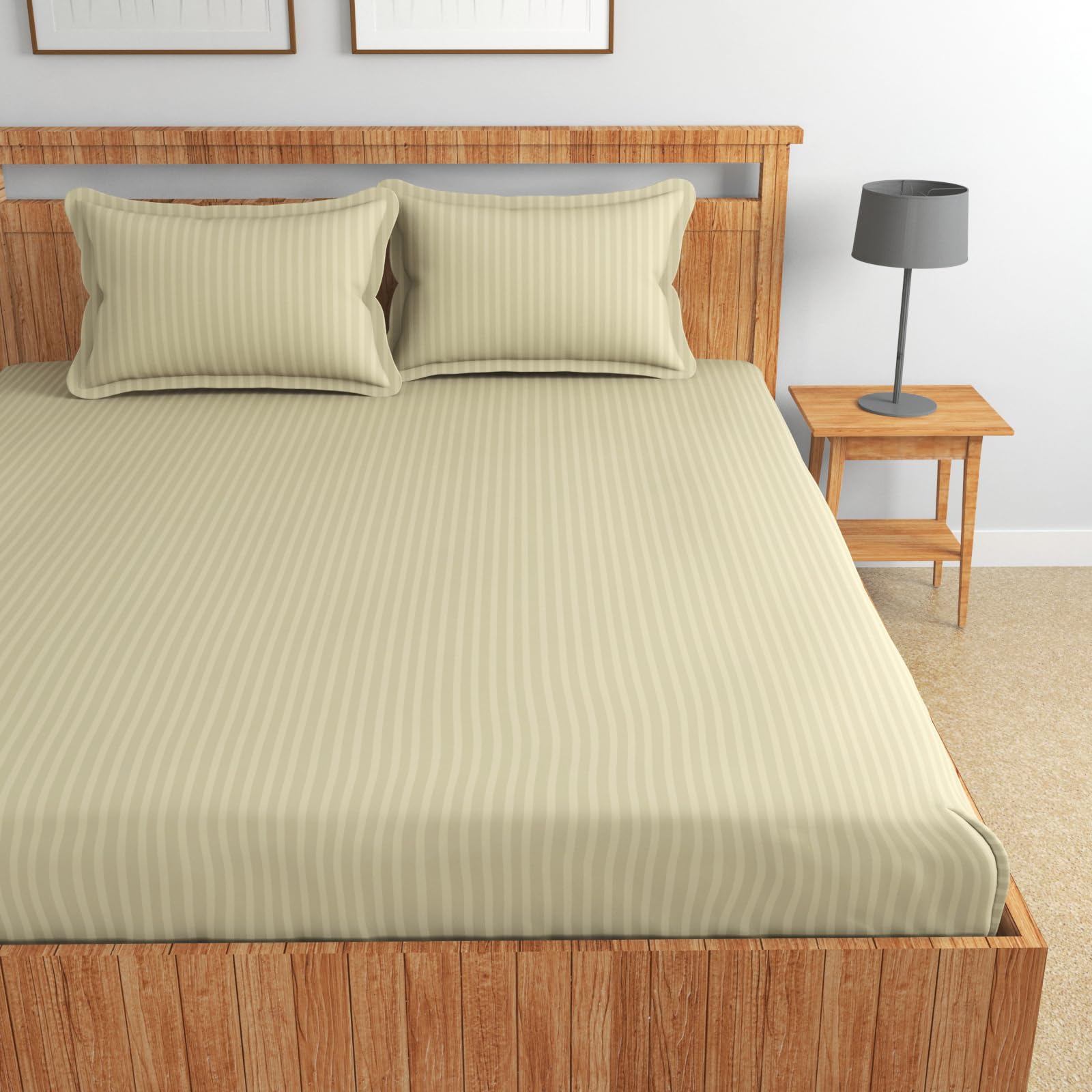Homefab India 160 Tc Stripe Glace Cotton Double Bedsheet With 2 Pillow Covers - (90X90 Inches) - Ecru