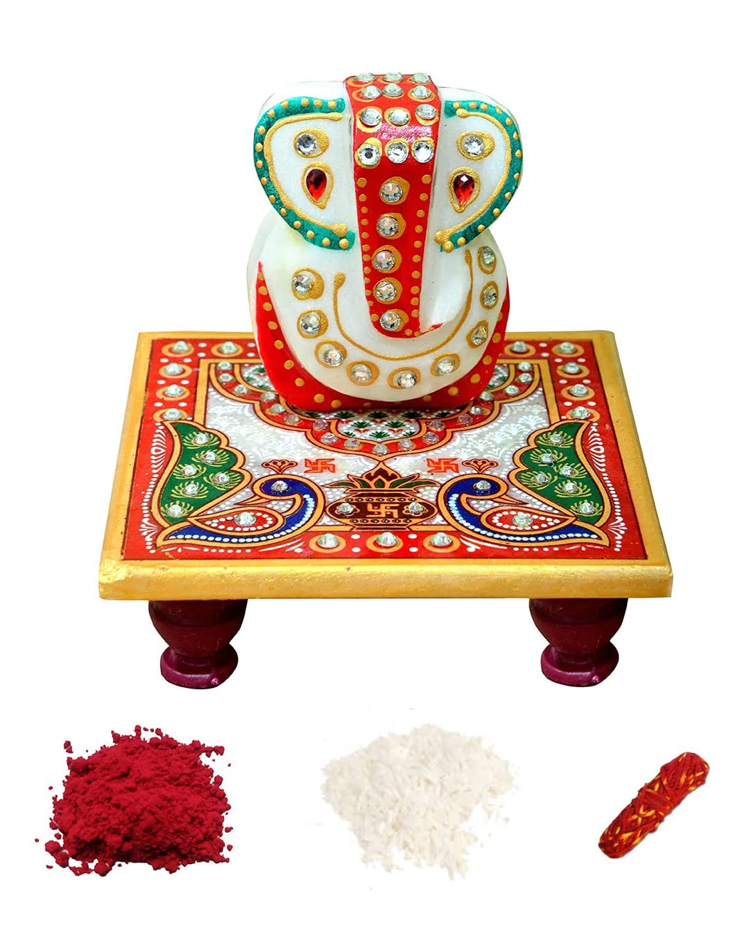 Benavji Marble Chowki With Ganesha Idol Hand Painted Ganesh Marble Base Home Decor Traditional Decorative Gift Pooja Wedding Sho