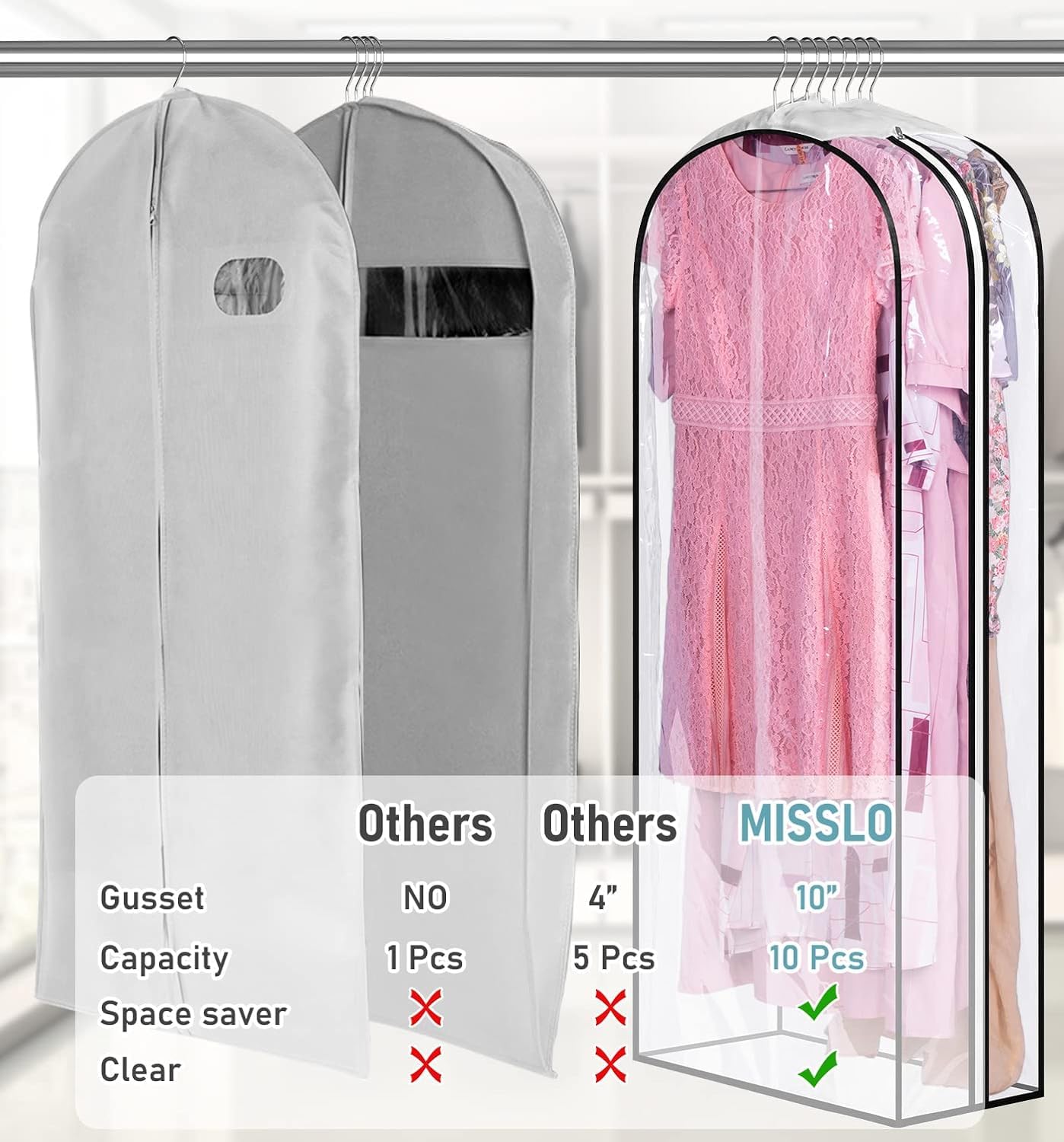 MISSLO 10'' Gusseted All Clear Garment Bags for Hanging Clothes 50'' Dress Bags for Closet Storage Hanging Clothes Bag for Suit  Coats  Gowns  3 Packs