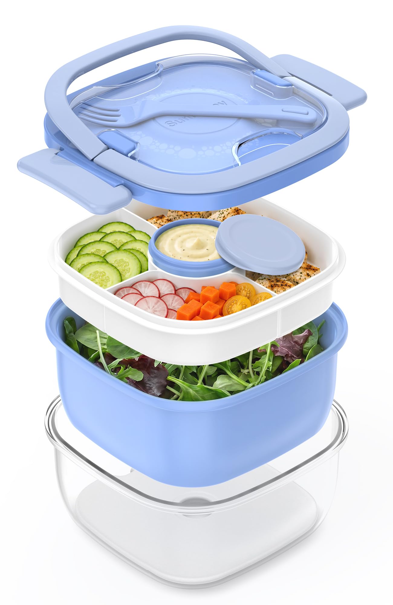 Sunhanny Salad Container with Ice Pack & Handle, 6.8 Cup / 1600ml Large Portable Salad Bowl Lunch Box with Lid, Fork Holder & Sa