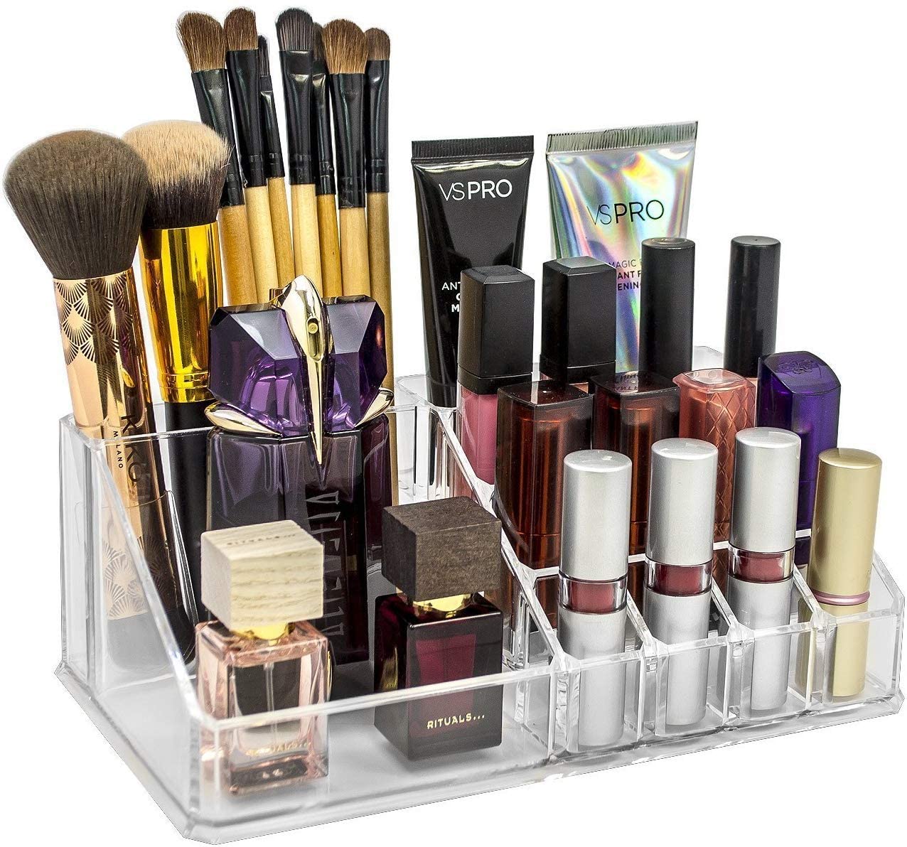 Kexes Acrylic 16 Grid Makeup Organizer Drawer Desk Multipurpose Plastic Makeup Cosmetic Display Stand Makeup Brushes Lipstick Pe