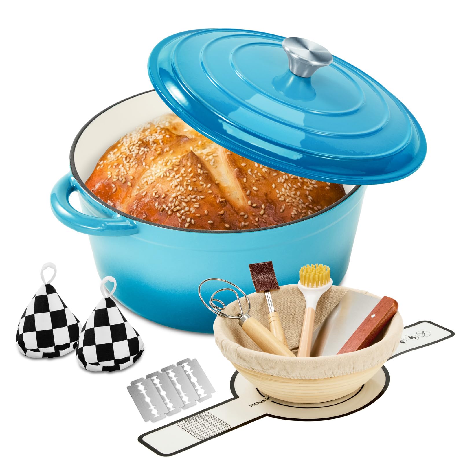 Blingco Enameled Cast Iron Dutch Oven With Lid 6.5 Qt, Incl. Sourdough BreadBaking Supplies Like Banneton Proofing Basket, Hea
