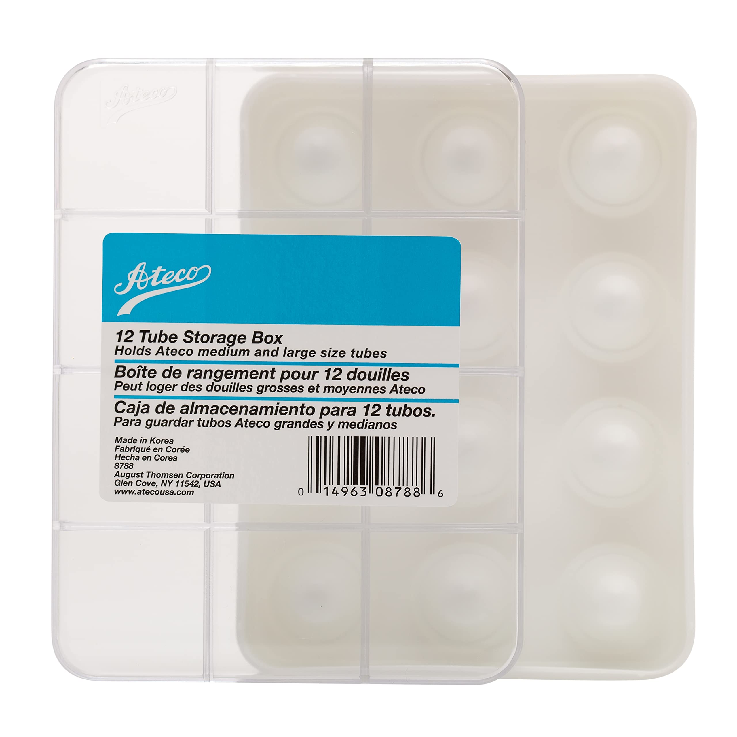 Ateco Storage Box, 12-Compartments For Larger Decorating Tubes Baking Supplies, One Size, Clear/White