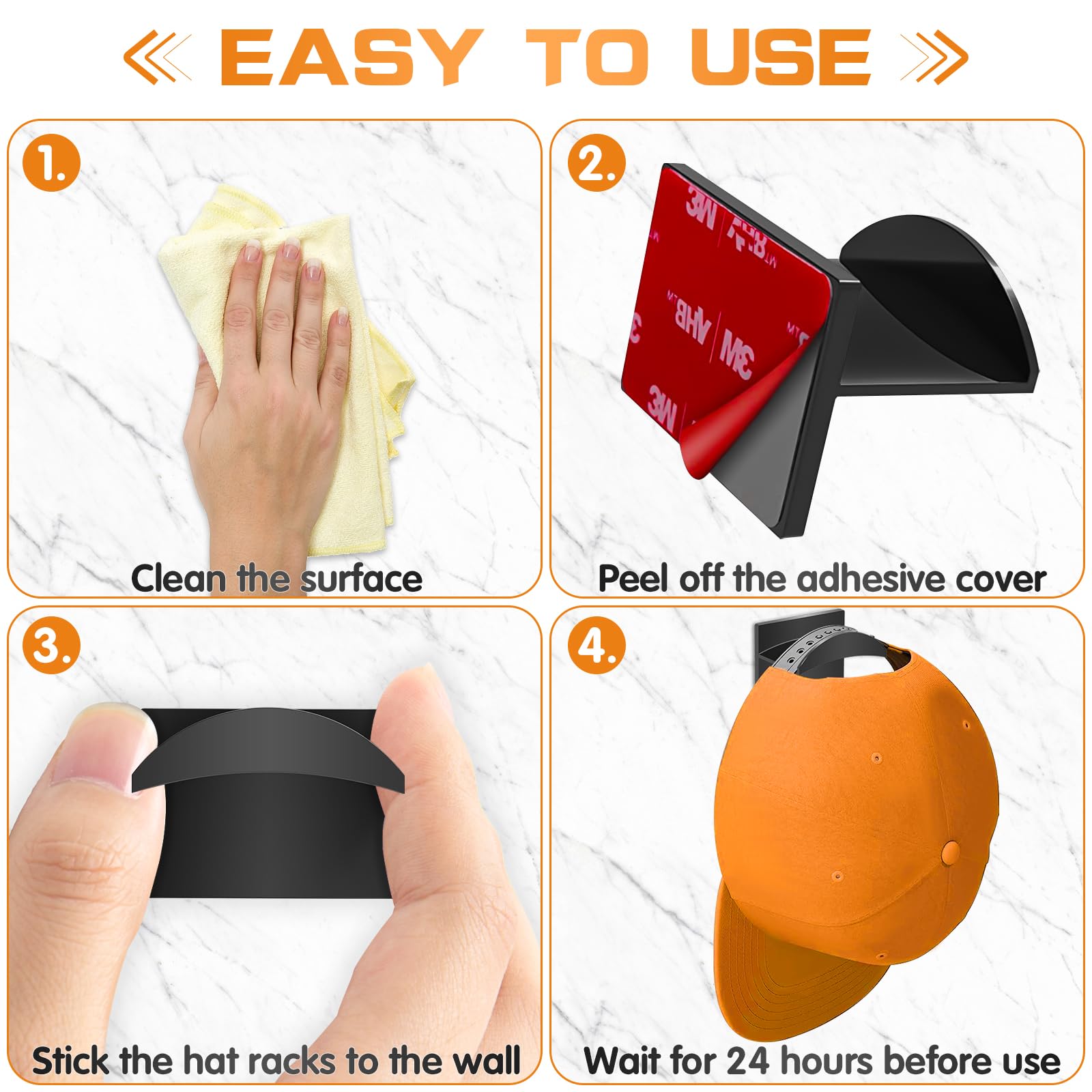 Qteeyou Adhesive Hat Hooks For Wall (12 Pcs) - Hat Racks For Baseball Caps, Minimalist Hat Rack Design, Strong Hold Hat Hangers,