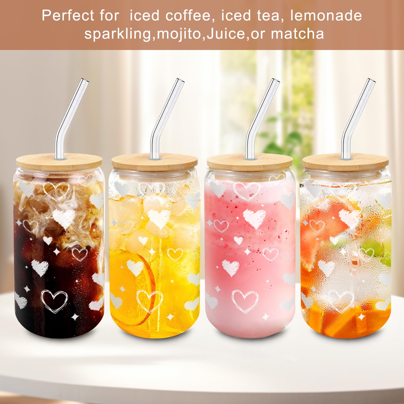 DAMCONME Glass Cups with Lids and Straws - 4 Pack 16oz Heart Tumblers for Cold Drinks, Iced Coffee, Tea, Juice - Sharing Drinkwa