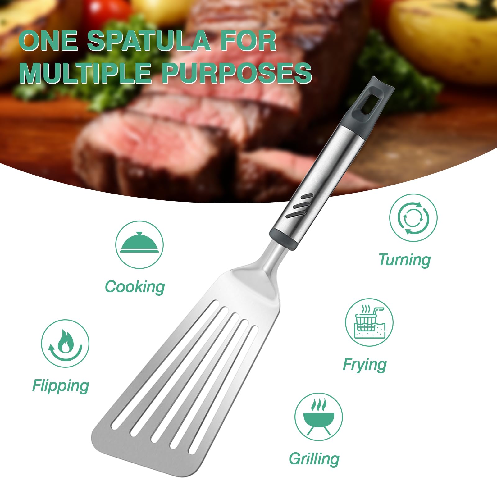 Lebabo Fish Spatula, Stainless Steel Fish Turner Slotted Metal Spatula For Kitchen Use, Flipper Spatula For Cast Iron Skillet, E