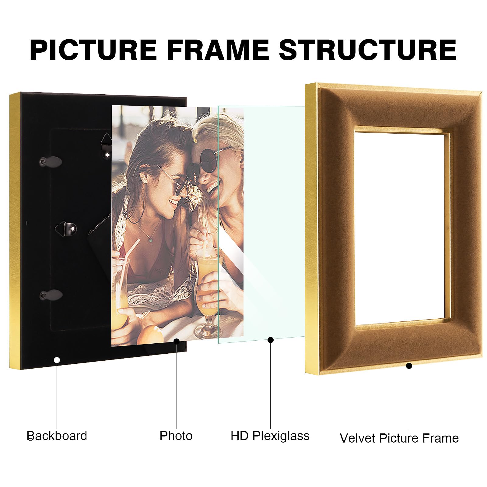 KSROECUD 4x6 Velvet Picture Frame, Brown Photo Frames with Modern Simple Metallic Gold Border, HD Real Glass Horizontal & Vertic