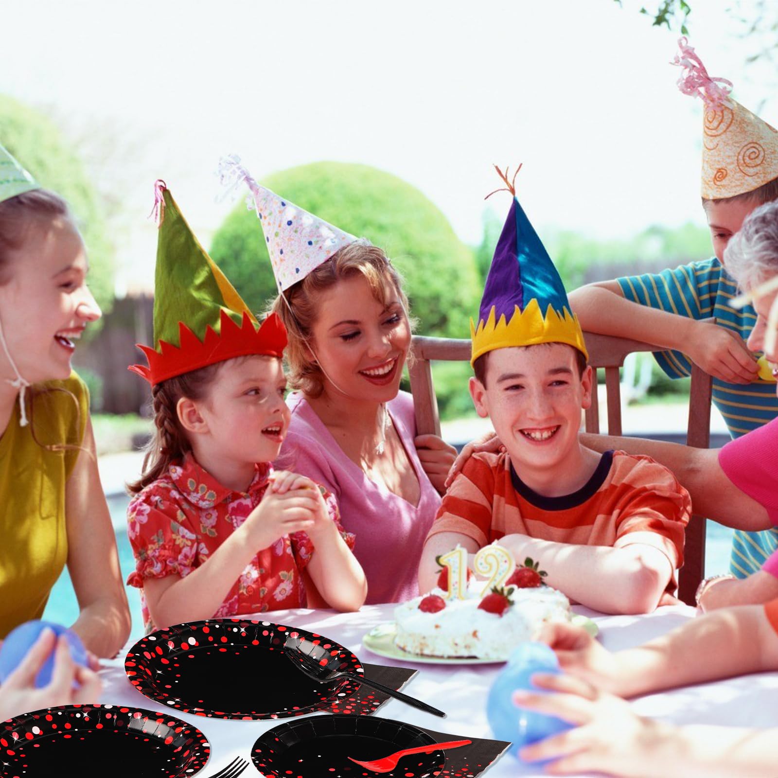 96Pcs Black And Red Party Supplies Red Dot On Black Party Plates And Napkins Disposable 350Gsm Black And Red Birthday Tableware