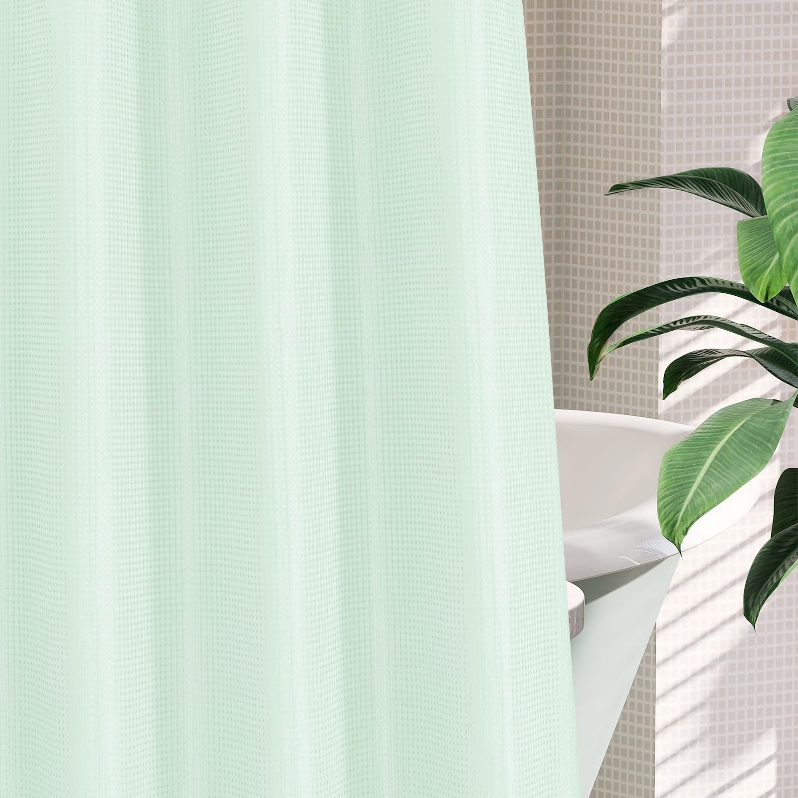 Mitovilla Green Waffle Small Stall Shower Curtain 36 X 74, No Hooks Required Half Size Narrow Fabric Cloth Shower Curtain Set Wi