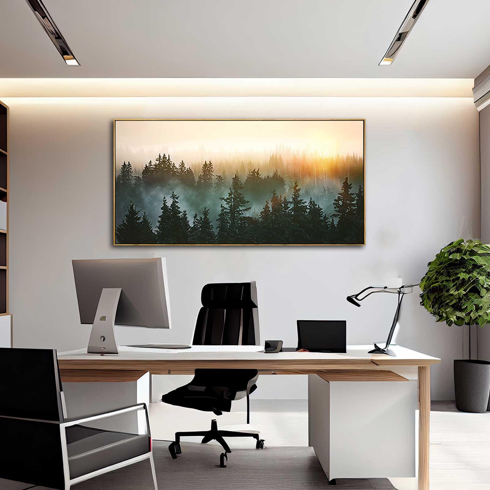 Living Room Wall Art Sunrise Misty Forest 24''X48'' Modern Home Wall Decor Plants Wall Decorations Framed Artwork For Bedroom Di
