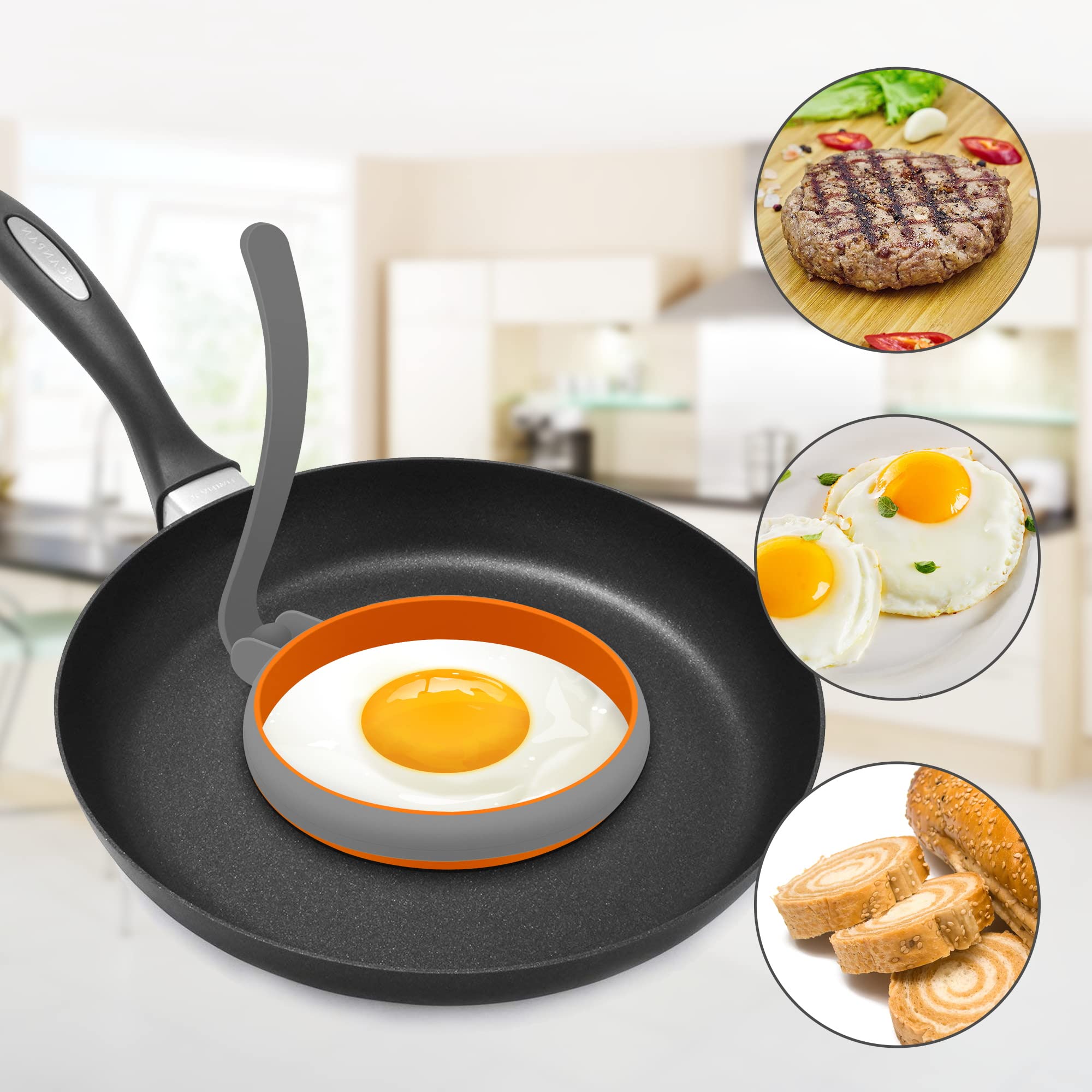 GOYLSER Silicone Egg Molds Set of 4 - Nonstick Pancake Rings in Gray, Includes 2 Round & 2 Square Shapes for Kids Cooking