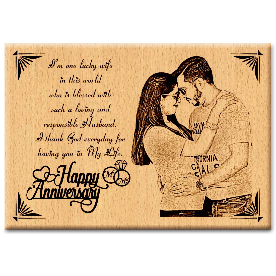Gftbx Happy Anniversary Personalized Engraved Wooden Rectangular Wall Mount Photo Plaque - Couple Gifts (7 X 5 Inches, Brown)