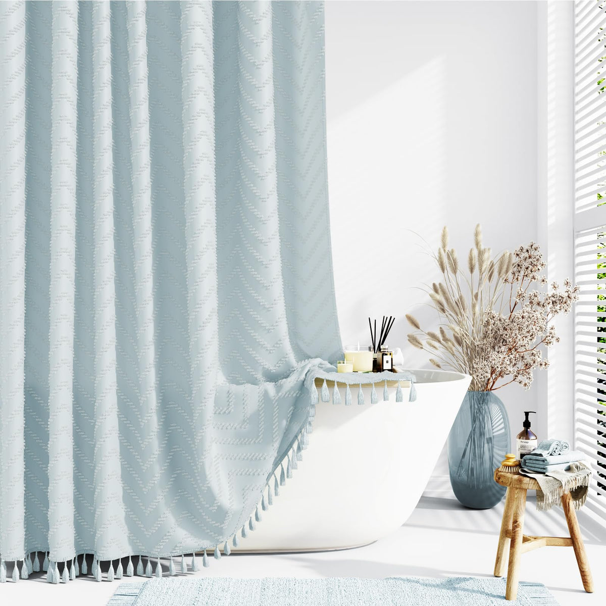 Dynamene Boho Farmhouse Shower Curtain, Fog Blue Fabric Tufted Chevron Striped Textured Tassel Shower Curtains For Bathroom, Sha
