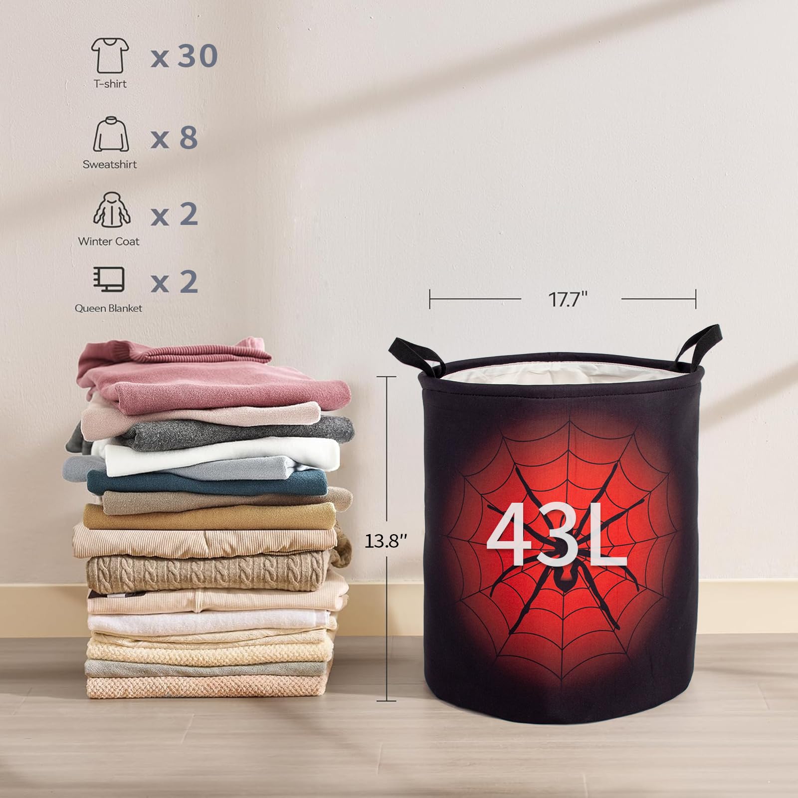 Black Red Spider Laundry Basket Foldable With Handles Tote Bag Waterproof Oxford Cloth Funny Laundry Hamper Clothes Storage Buck