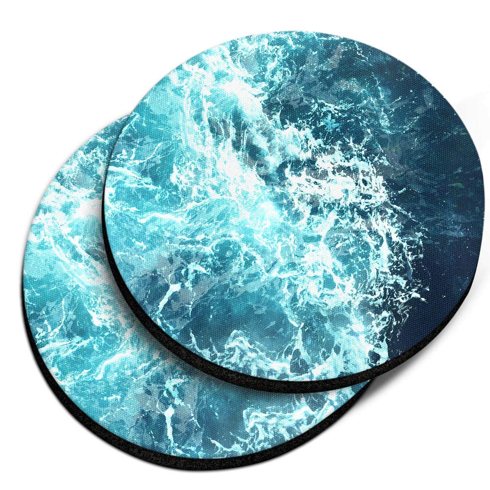 Caribou Coasters , Blue Ocean Wave Design Absorbent Round Fabric Felt Neoprene Car Coasters For Drinks, 2Pcs Set