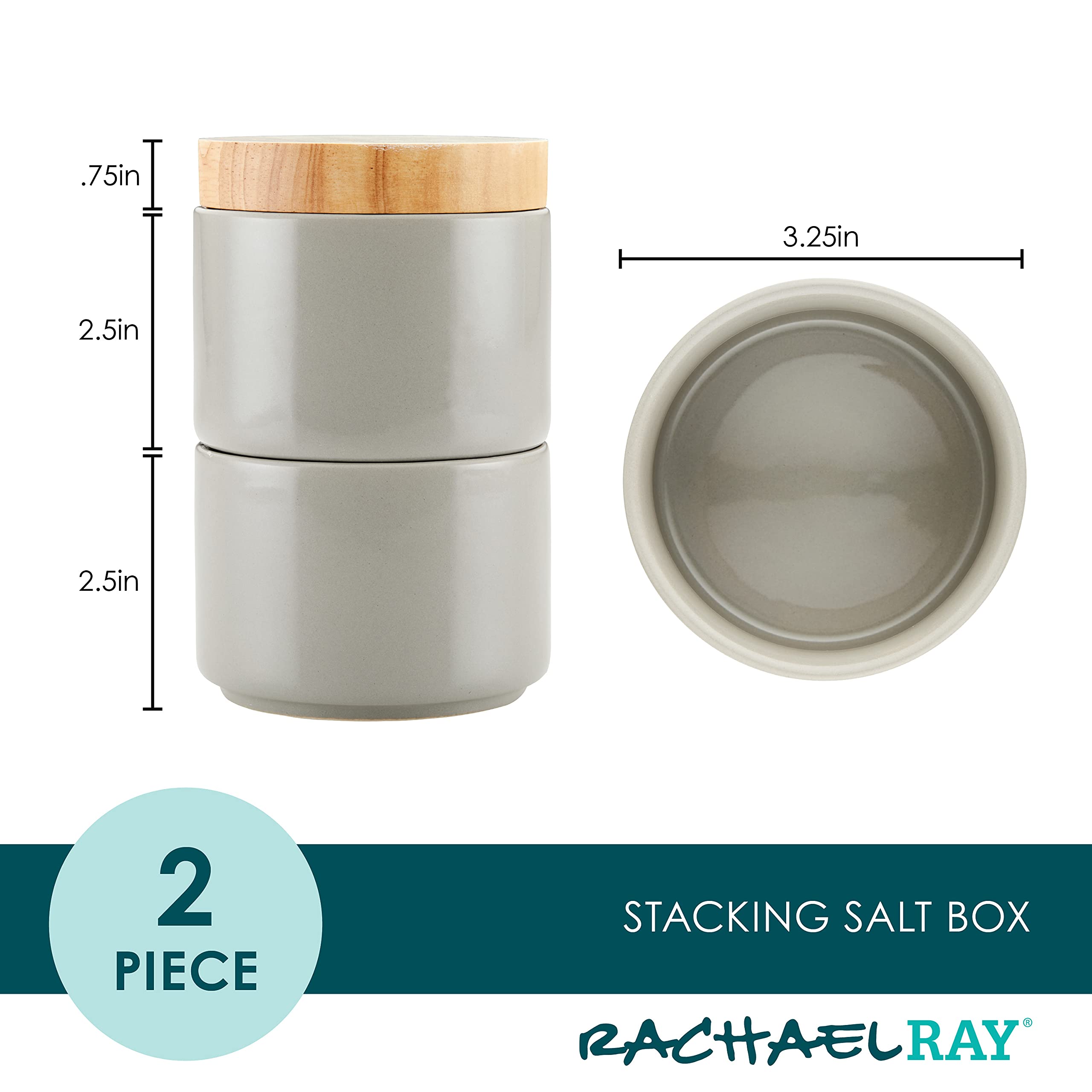 Rachael Ray Ceramics Stacking Spice/Seasoning Box Set with Lid, 2 Piece, Light Gray