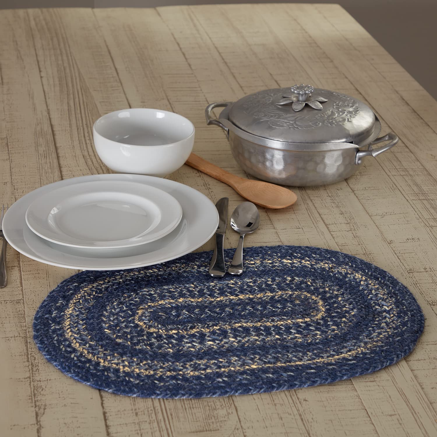Vhc Brands Farmhouse Great Falls Blue Table Placemat, Blue White, Jute Blend, Oval, 12X18 Inches