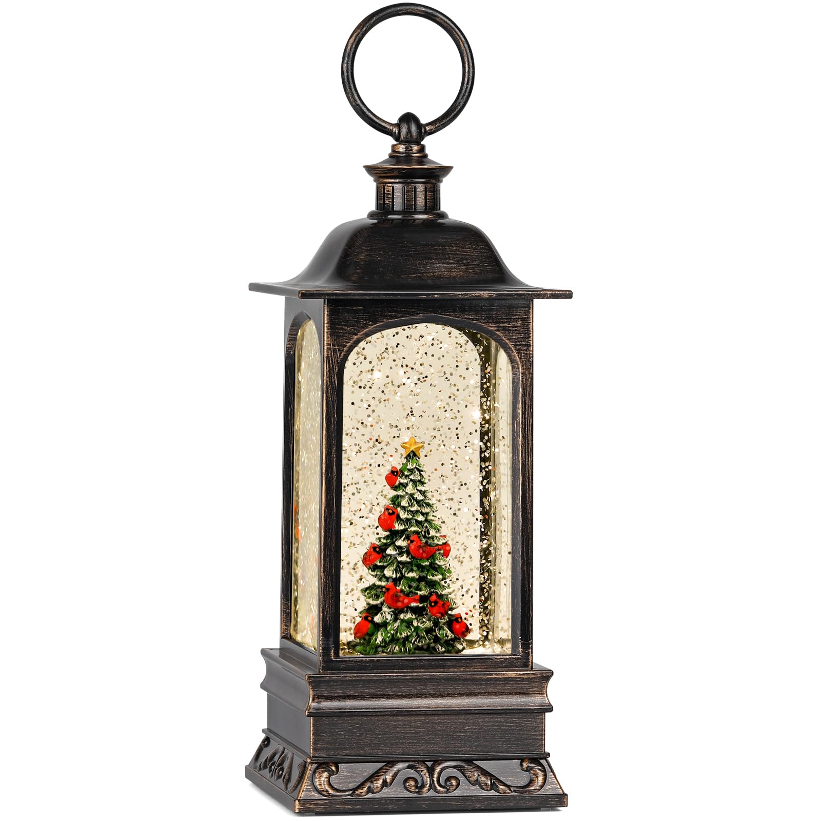 Snow Globe Christmas Decorations, 6H Timer Lighted Christmas Lantern Musical Snow Globe for Home Decor (Xmas Tree & Cardinals)