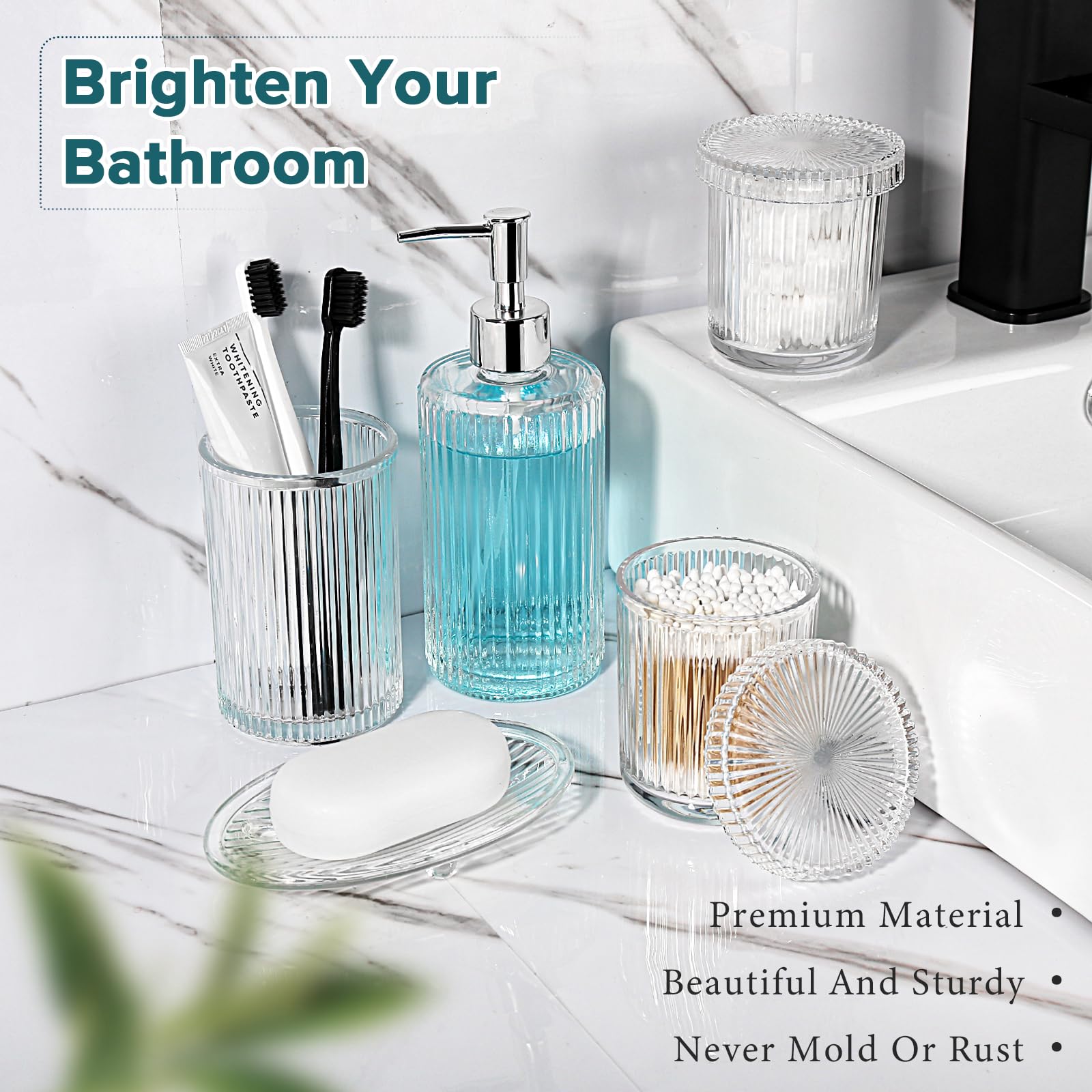 Rytoxilo Bathroom Accessories Set, 5 Pcs Clear Glass Bath Accessory Sets Complete, Ribbed Soap Dispenser And Toothbrush Holder S