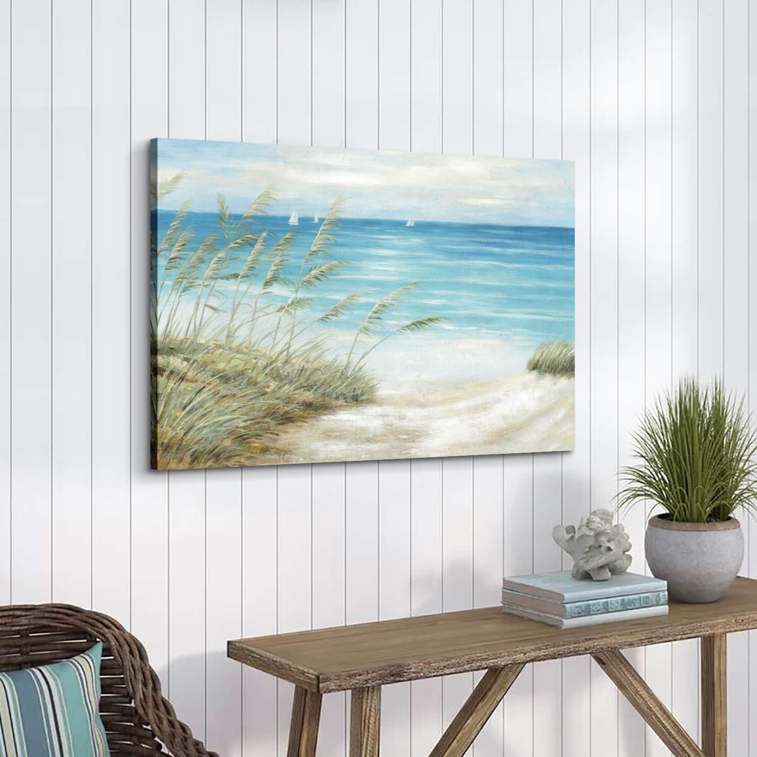 Tar Tar Studio Seascape Canvas Painting Wall Art: Oil Painting Style Beach Theme With Hand Painted Texture Canvas Art Wall D  Co