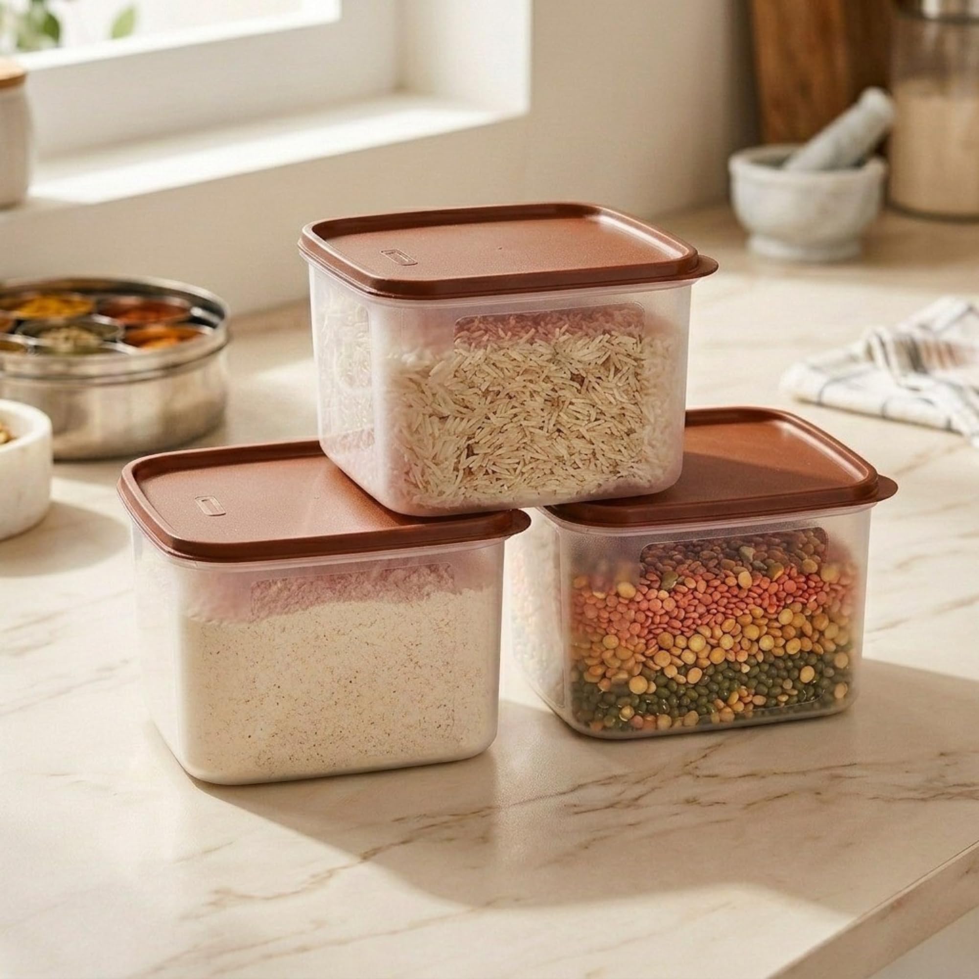 Mahaware Modular Square Plastic Airtight Kitchen Storage Container Set Of 3, 2.5L Each | Big Storage Containers For Rice, Atta &