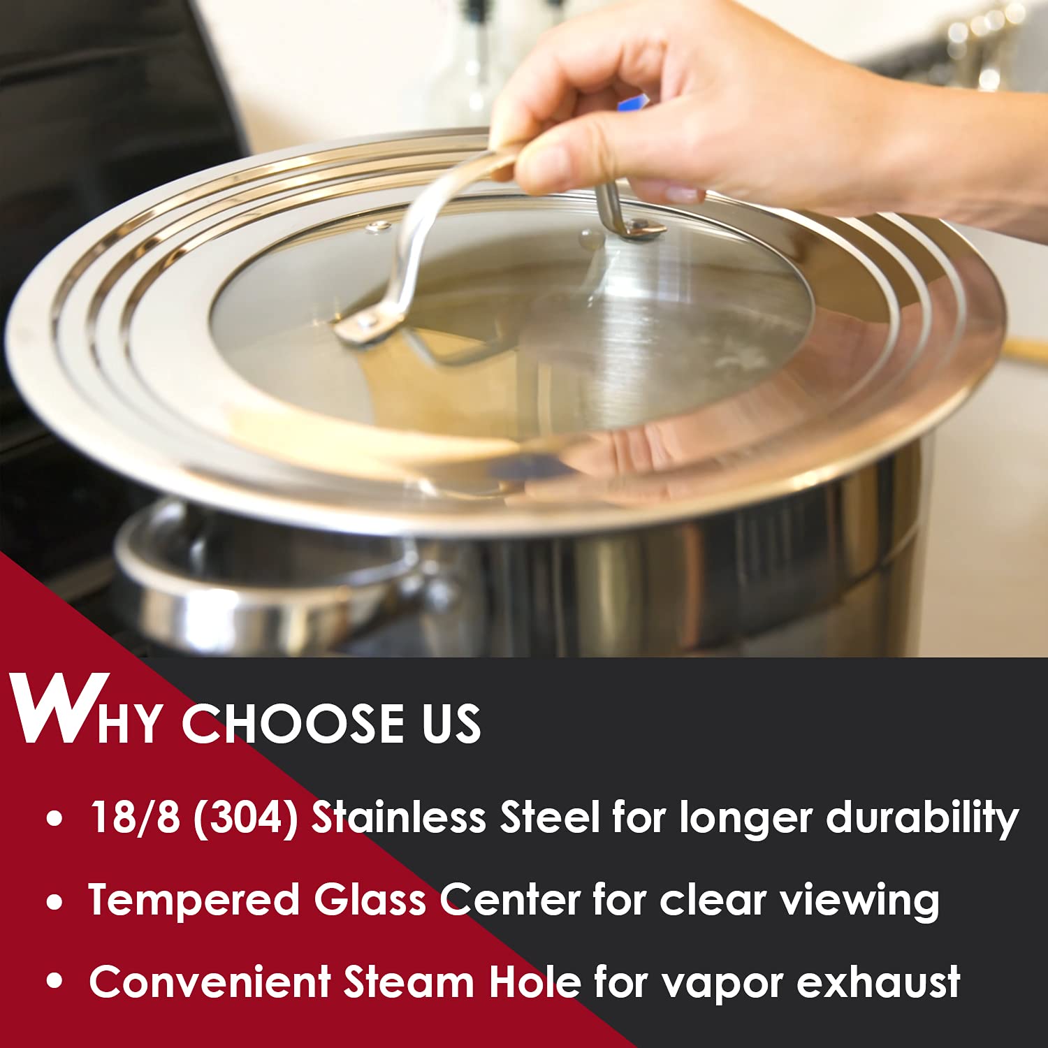 Keissco Stainless Steel Universal Lid For Pots, Pans And Skillets - Fits 7'' To 12'' Pot And Pans - Tempered Glass With Stainles