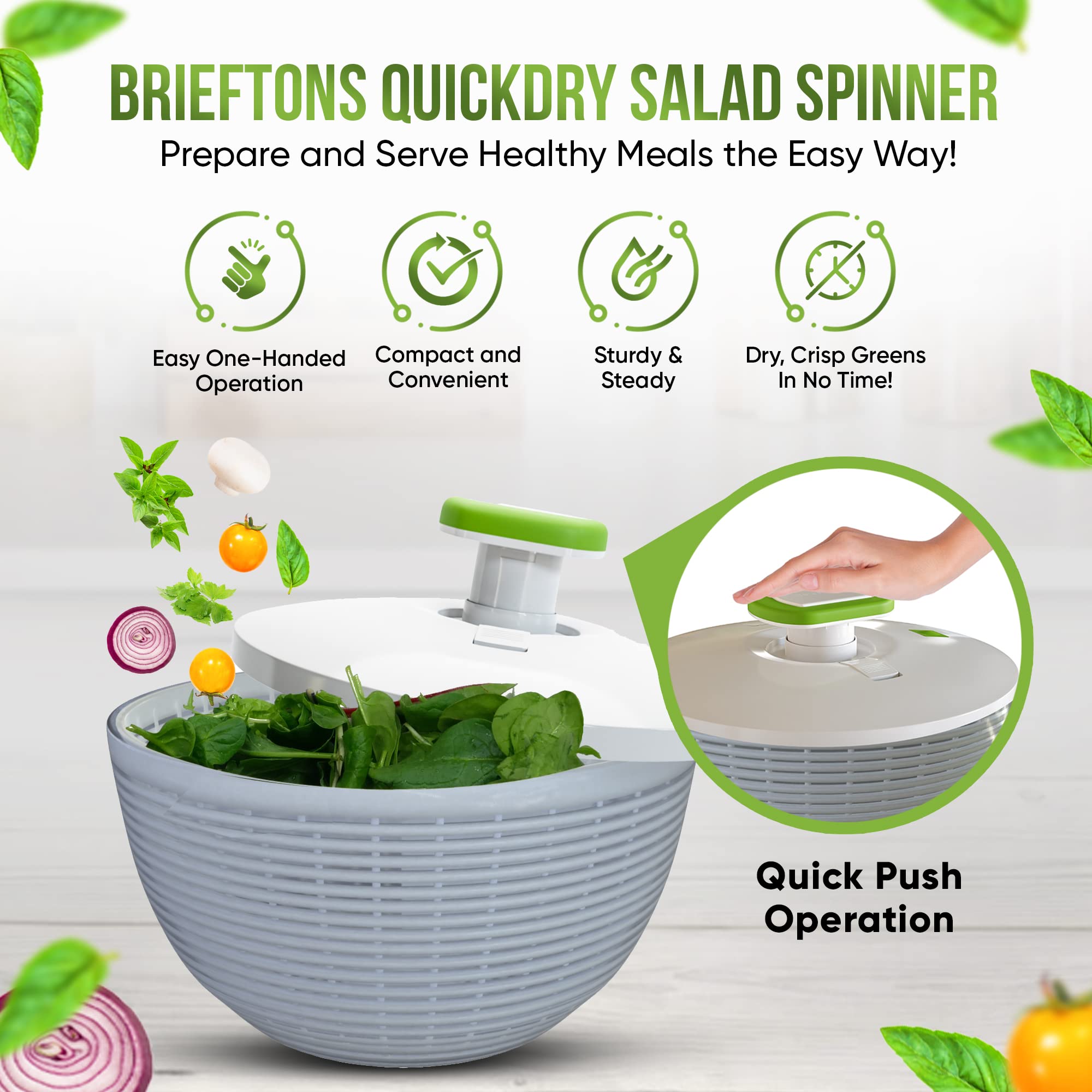 Brieftons 62-Quart Large Salad Spinner: Vegetable Washer Dryer Drainer Strainer With Bowl  Colander, Easy One-Handed Pump, Compa