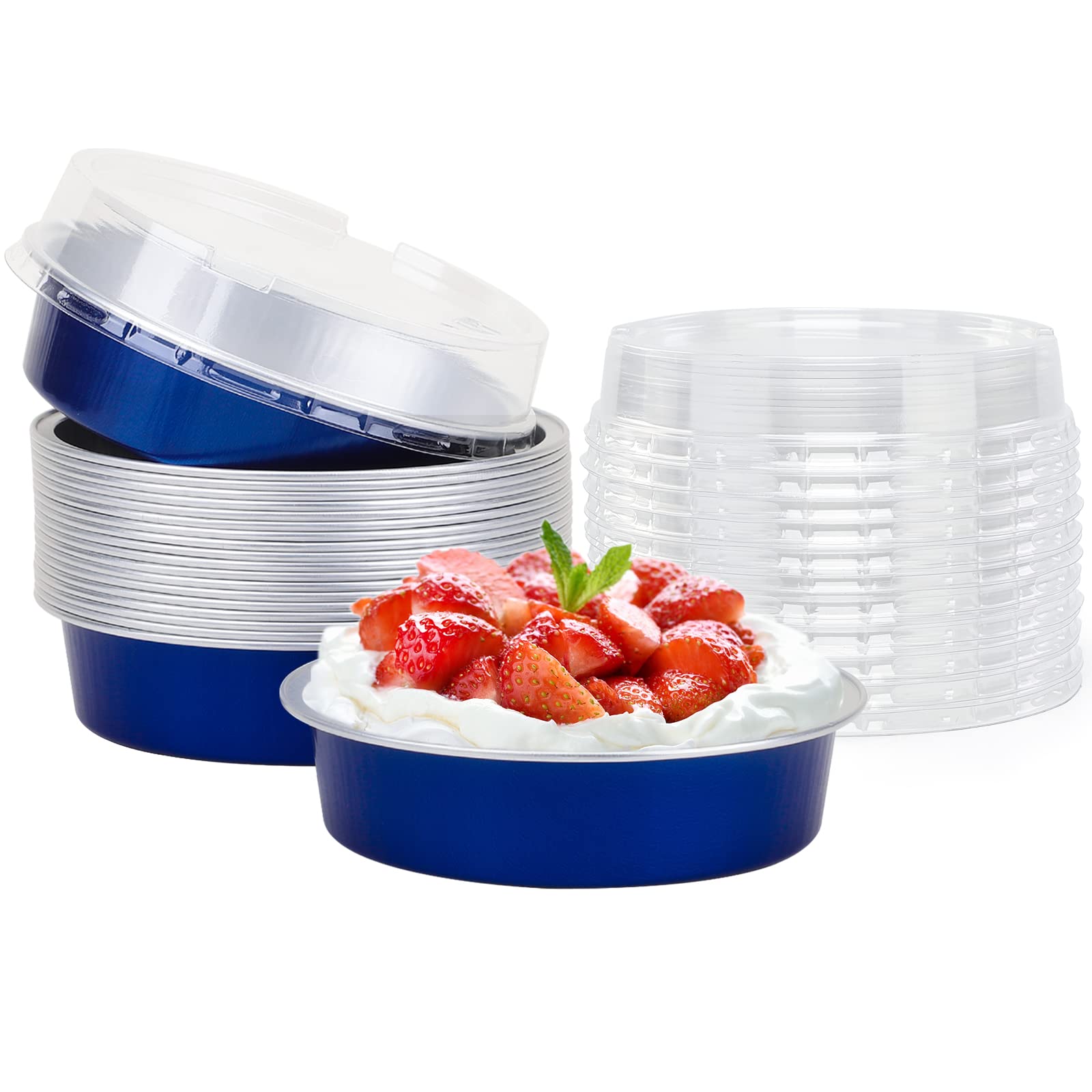 Beasea Mini Tart Pan 20 Pack With Lids, 4 Inch 8Oz Jewelry Blue Disposable Aluminum Baking Foil Tins Small Round Container For I