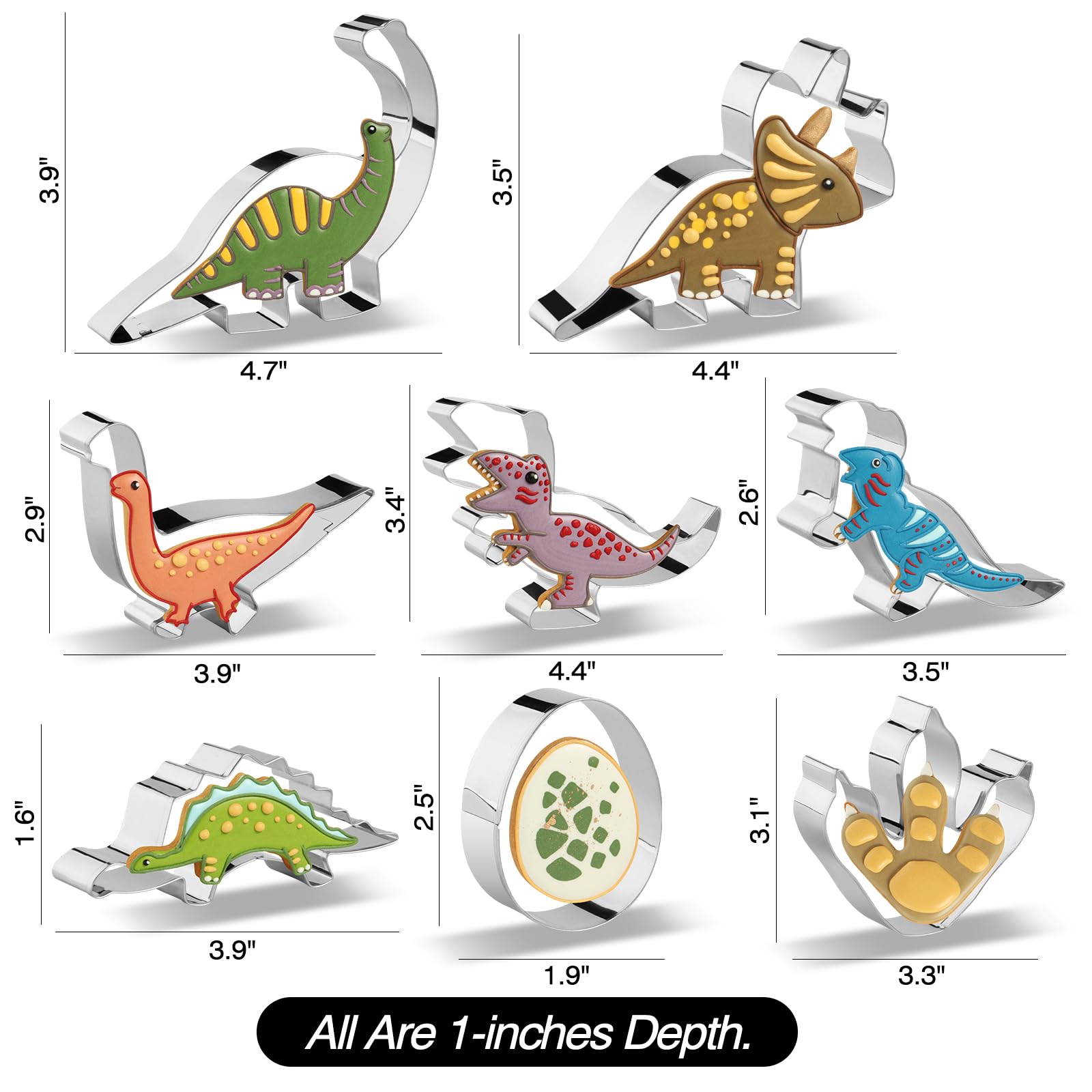 RUNHUAPPY Dinosaur Cookie Cutters Set of 8 - Stainless Steel Baking Molds for Kids - Triceratops, T-Rex, Stegosaurus, Silver