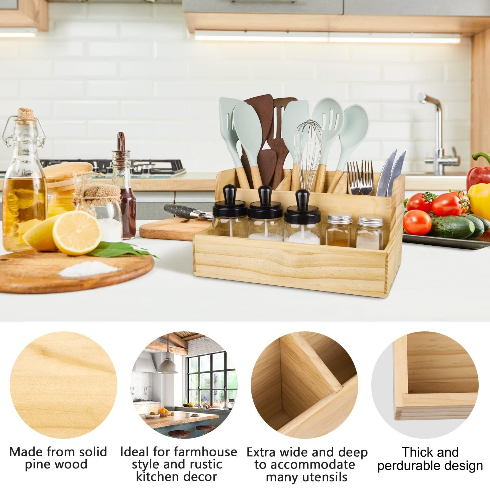 Redcall Utensil Holder,Wood Cooking Utensil Organizer,Large Farmhouse Utensil Holder For Counter Top,Rustic Spoon Spatula Holder