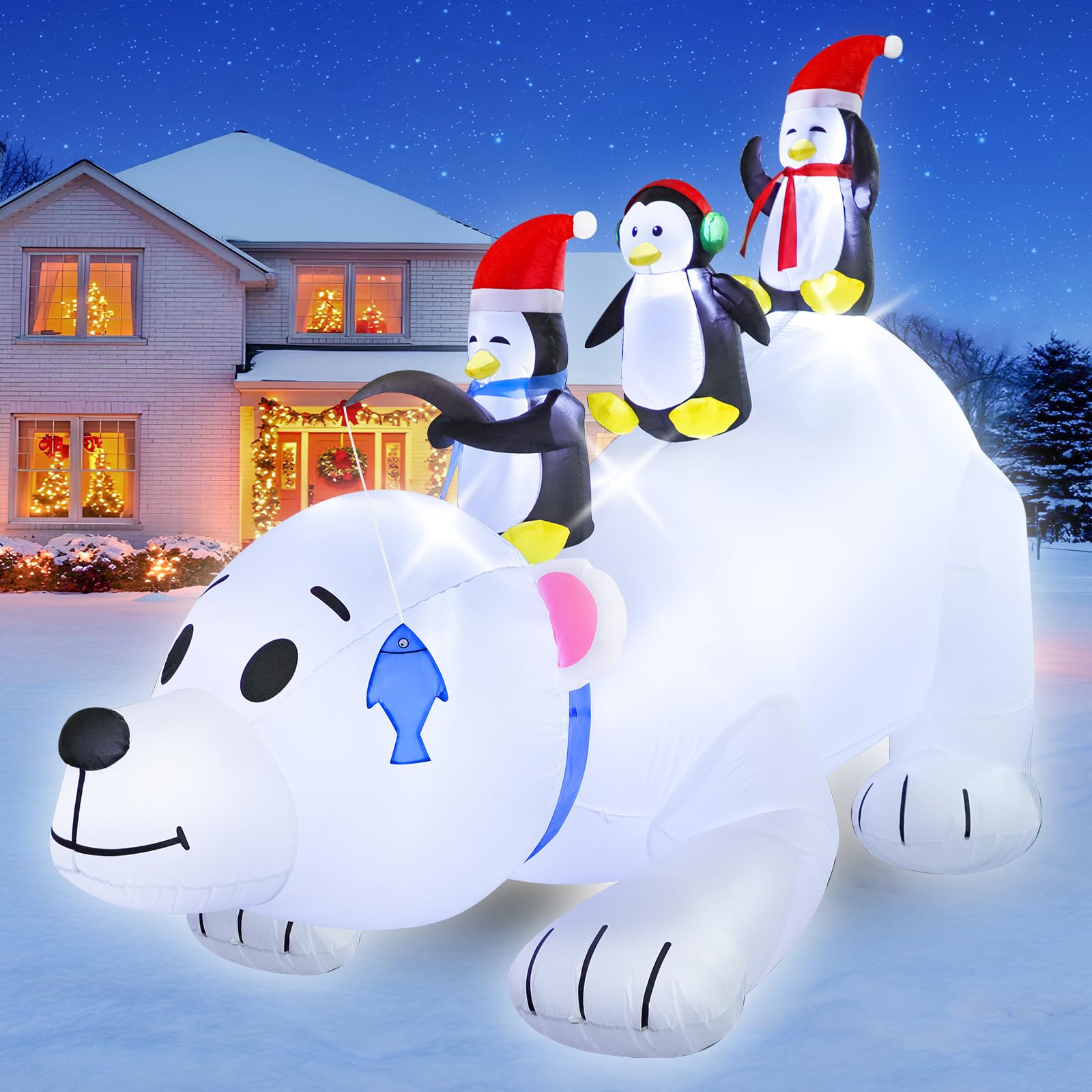 FunFanso 8FT Christmas Inflatable Polar Bear with Penguins Outdoor Yard Decorations, Blow up 3 Penguins Fishing on Big Polar Bea