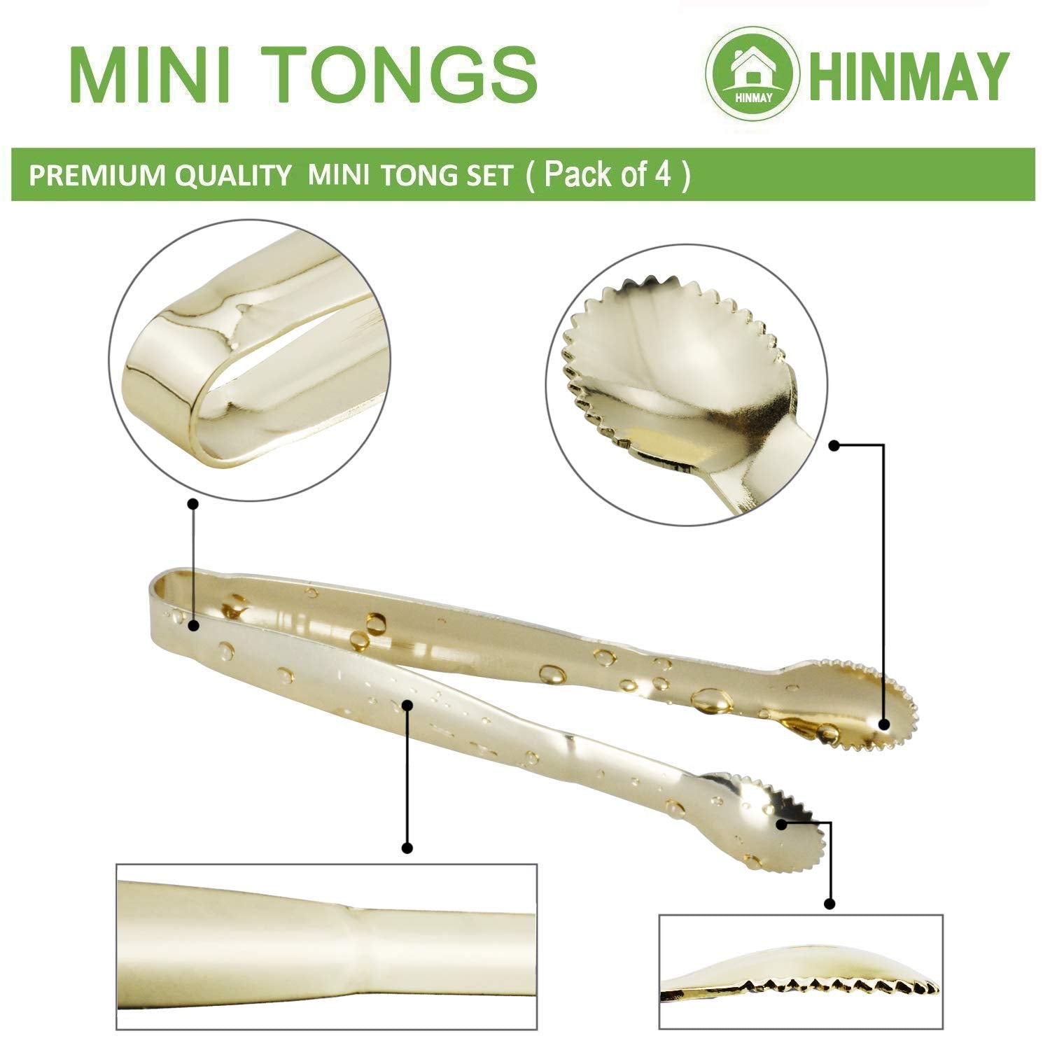 Hinmay Mini Serving Tongs 5 Inches Appetizer Tongs, Set Of 4 (Gold)