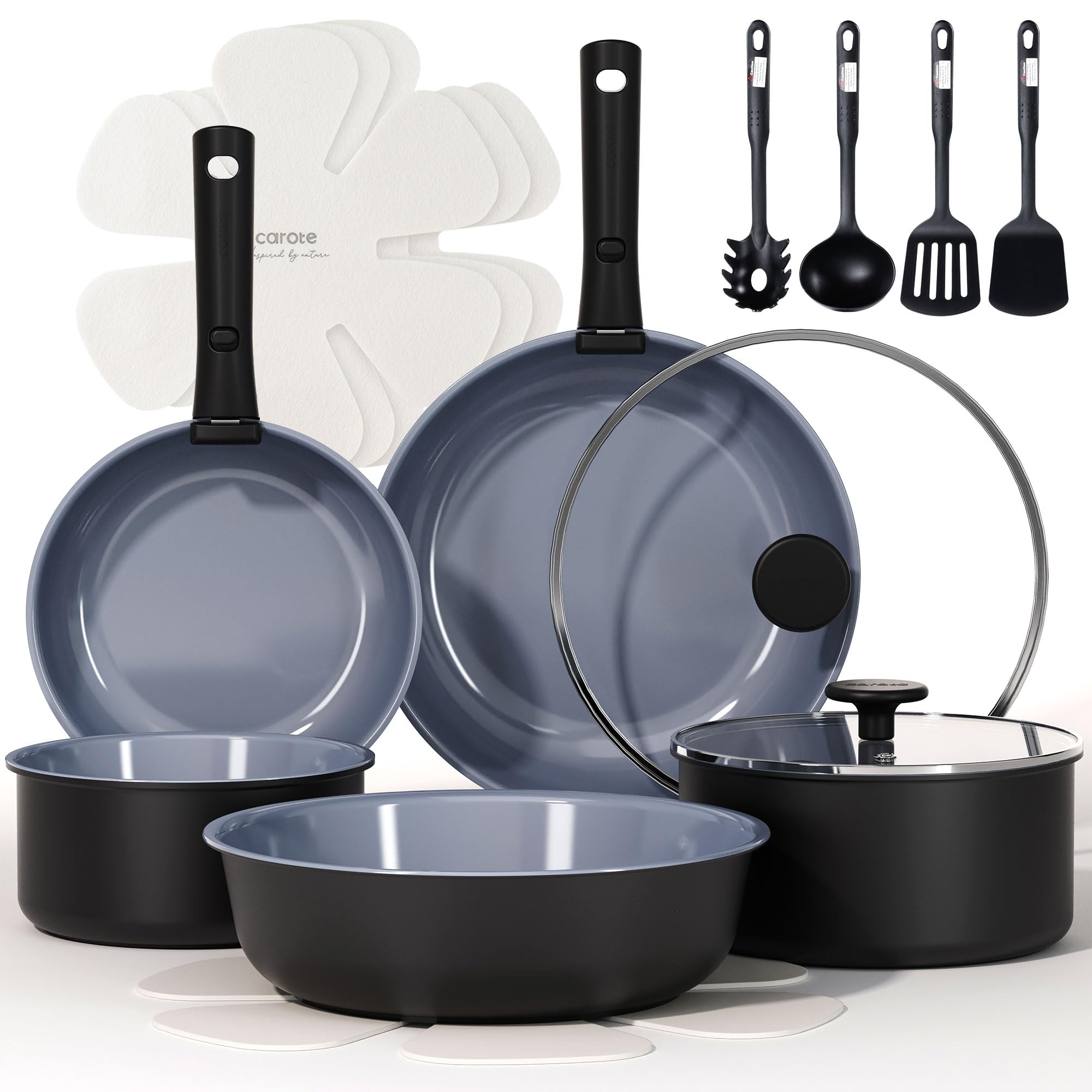 CAROTE 17PCS Ceramic Cookware Sets, Black and Gray, Pots and Pans Set Non Stick Non Toxic, Induction Cookware, Kitchen Cookware 