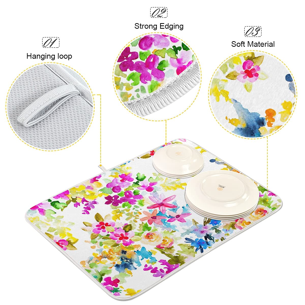 Spring Flowers Dish Drying Mat For Kitchen Counter 18'' X 16'' Inch - Absorbent Reversible Microfiber Dish Mat, Heat Resistant D