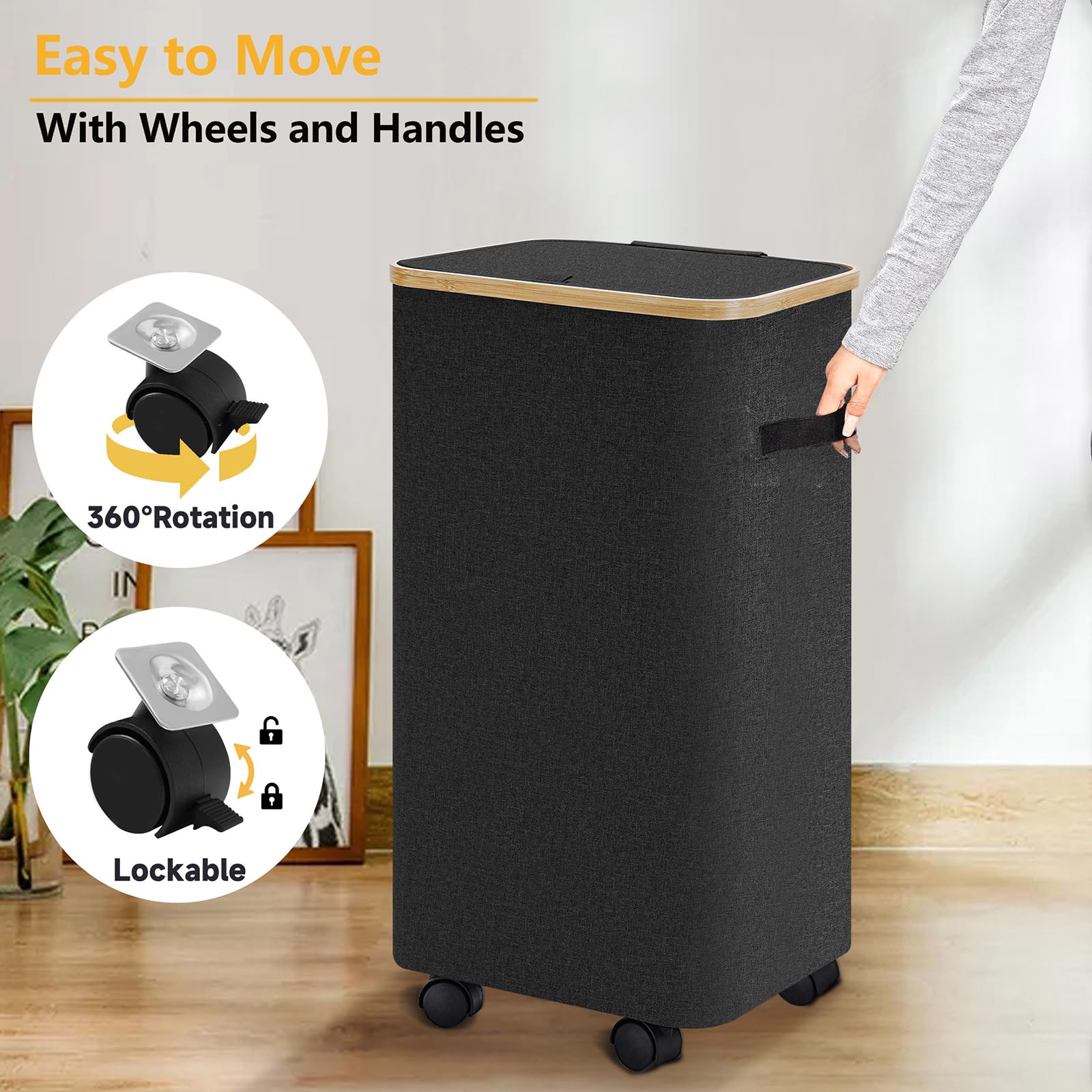 Black Laundry Hamper With Lid And Wheels,Rolling Laundry Basket With Handles Foldable Dirty Clothes Hamper Wheeled Laundry Hampe