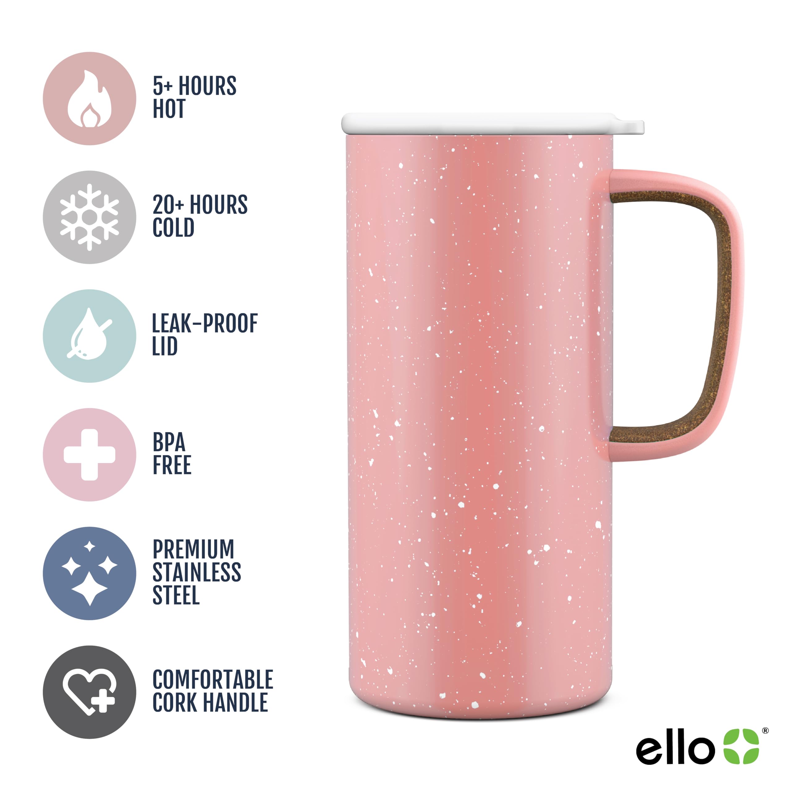 Ello Campy 18oz Vacuum Insulated Travel Mug, Stainless Steel, Leak-Proof Slider Lid, Georgia Peach